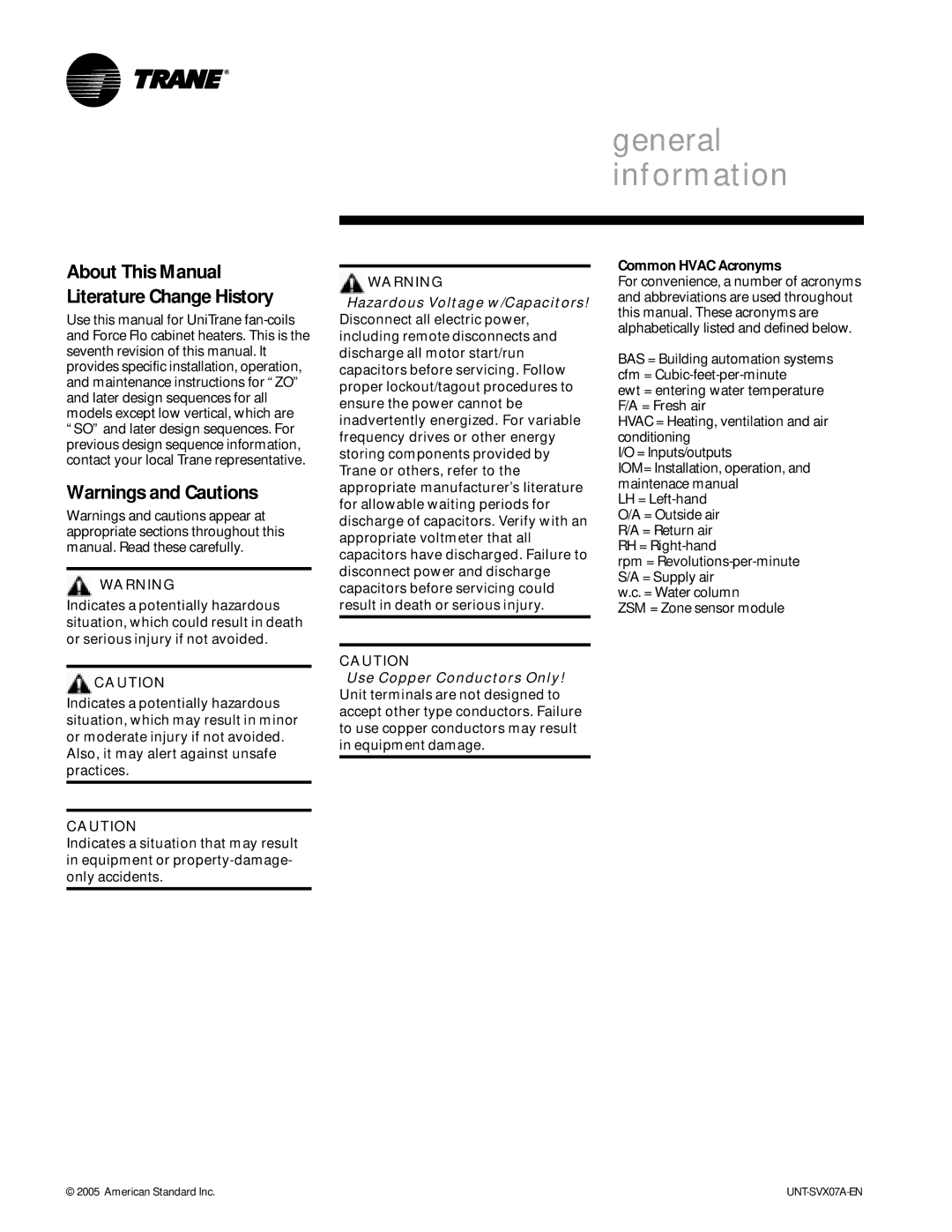 Trane UNT-SVX07A-EN, UniTrane Fan-Coil & Force Flo Air Conditioners manual General information, Common Hvac Acronyms 