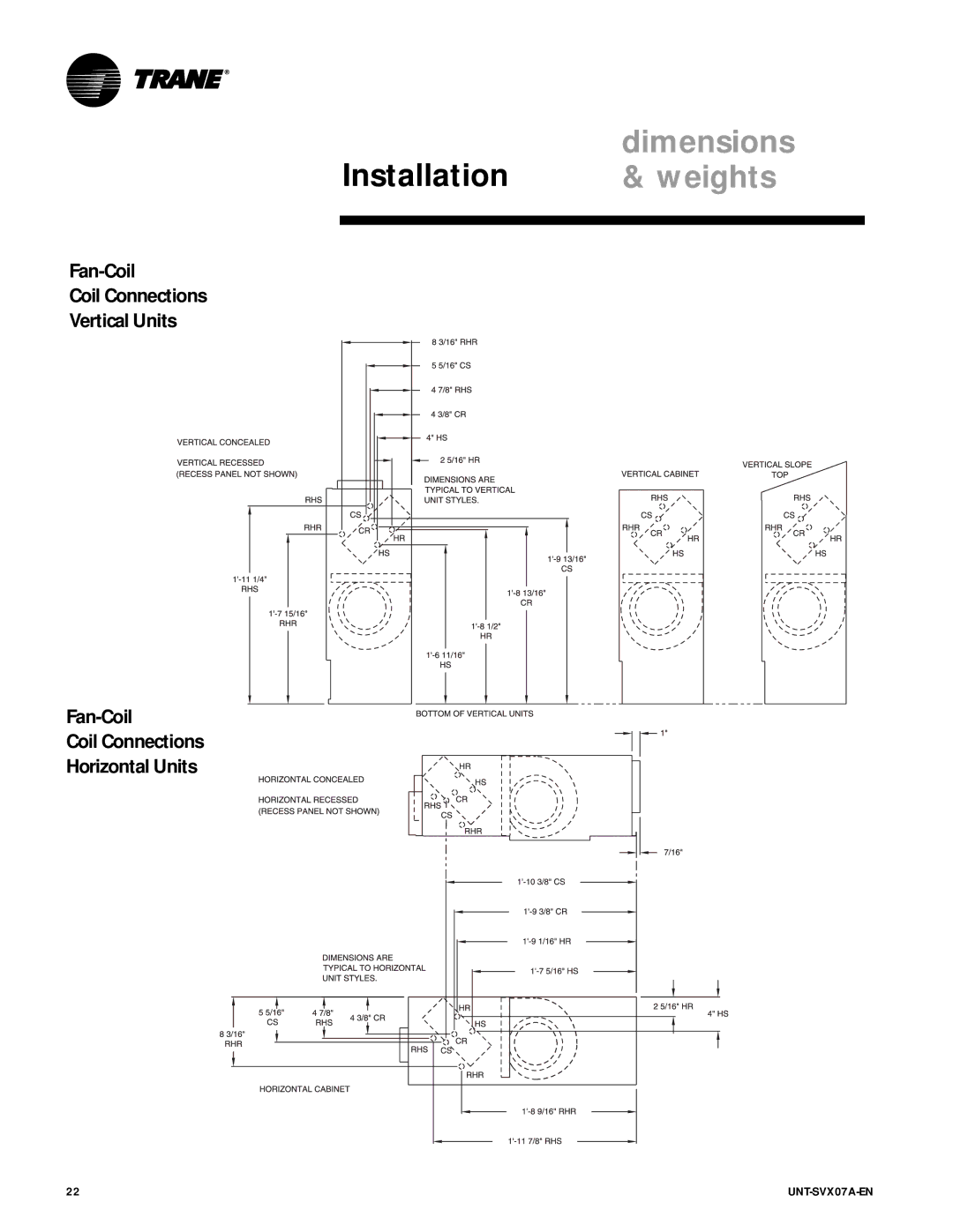 Trane UNT-SVX07A-EN manual Fan-Coil Coil Connections Vertical Units Horizontal Units 