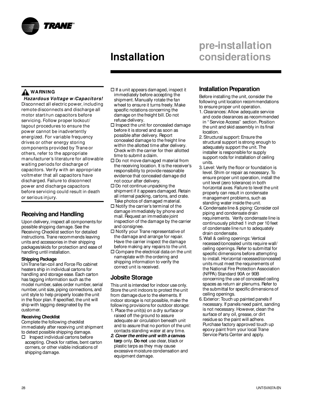 Trane UNT-SVX07A-EN manual Pre-installation Installation considerations, Receiving and Handling, Jobsite Storage 