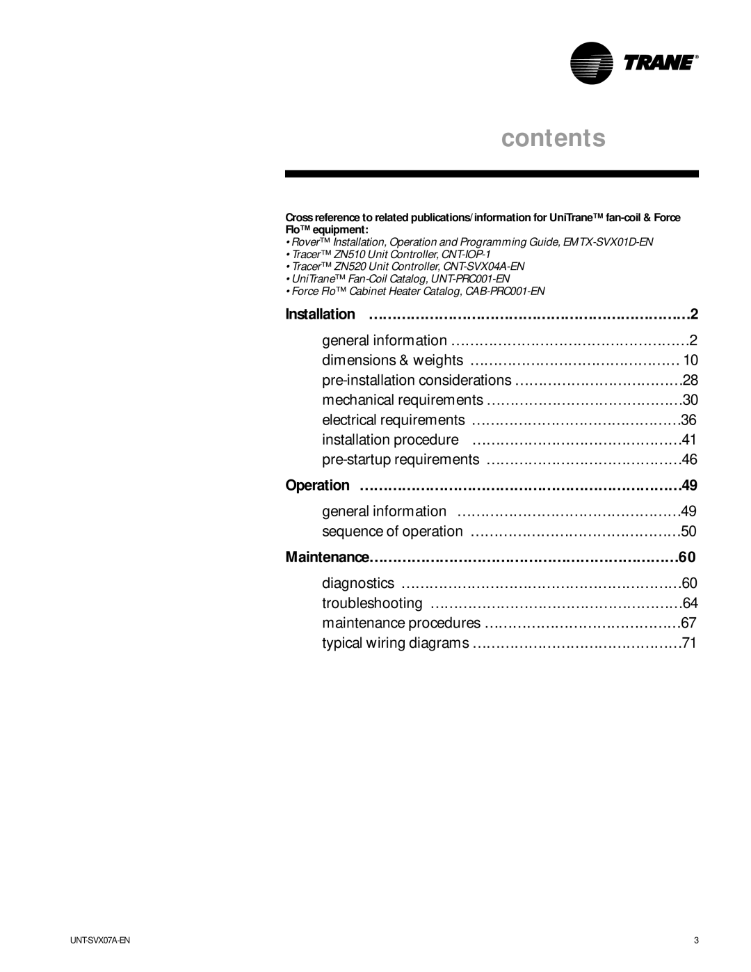 Trane UniTrane Fan-Coil & Force Flo Air Conditioners, UNT-SVX07A-EN manual Contents 