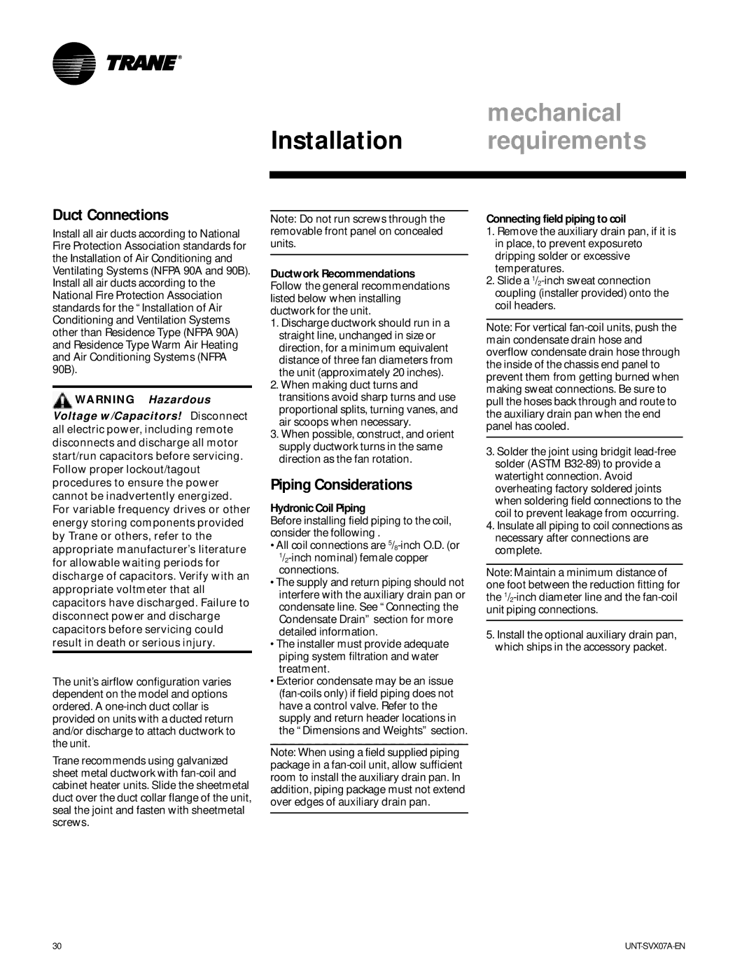 Trane UNT-SVX07A-EN manual Mechanical, Duct Connections, Piping Considerations, Hydronic Coil Piping 