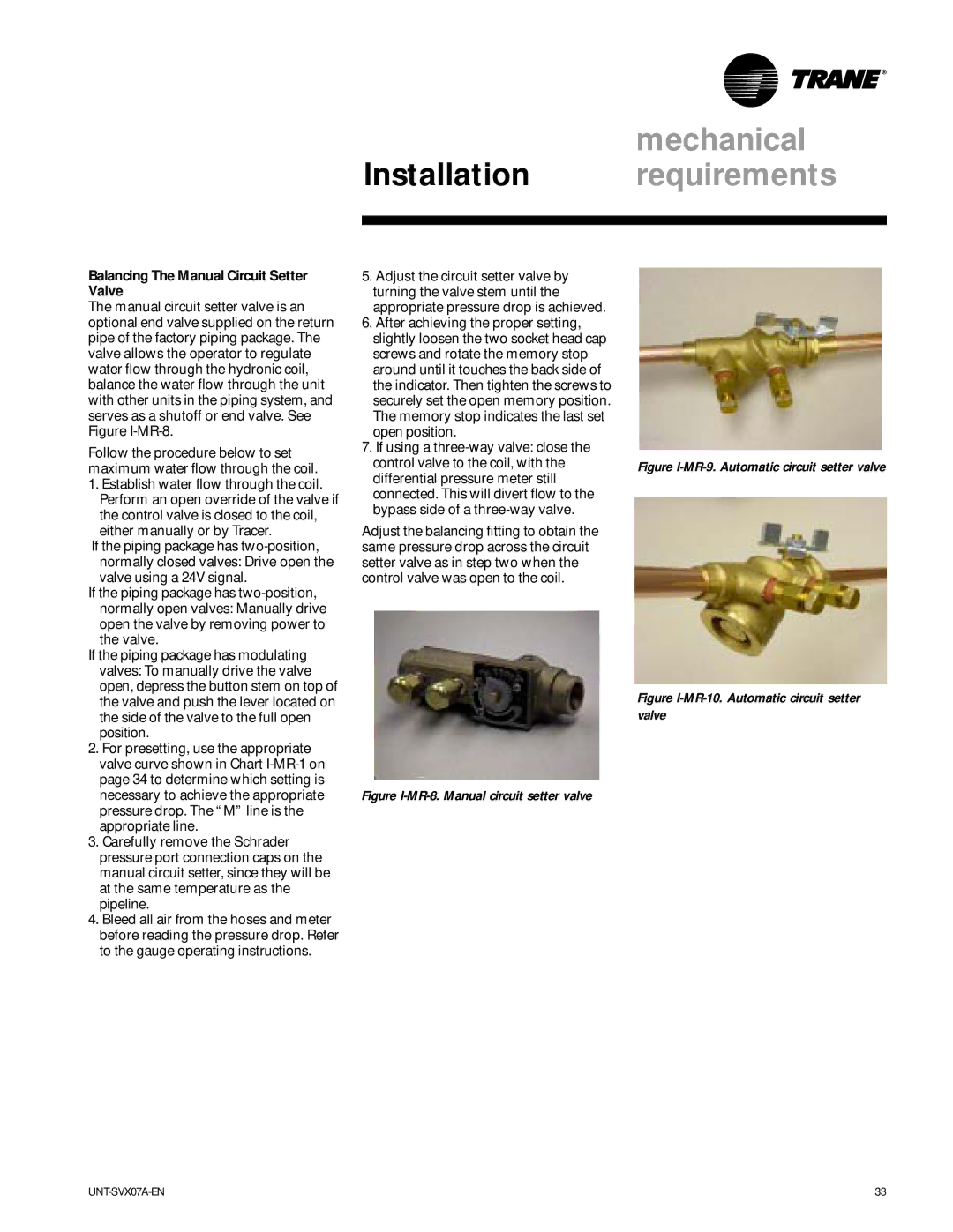 Trane UniTrane Fan-Coil & Force Flo Air Conditioners, UNT-SVX07A-EN manual Balancing The Manual Circuit Setter Valve 