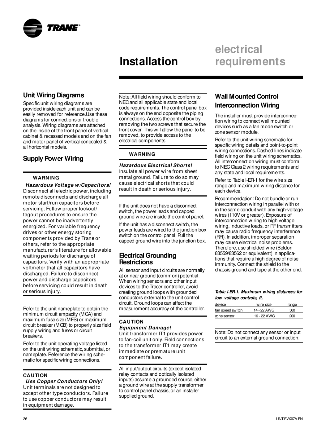 Trane UNT-SVX07A-EN manual Unit Wiring Diagrams, Supply Power Wiring, Electrical Grounding Restrictions 