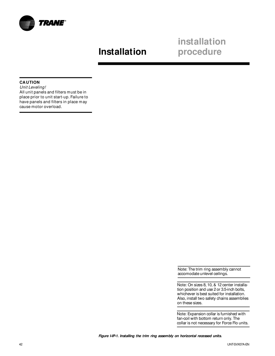 Trane UNT-SVX07A-EN, UniTrane Fan-Coil & Force Flo Air Conditioners manual Unit Leveling 