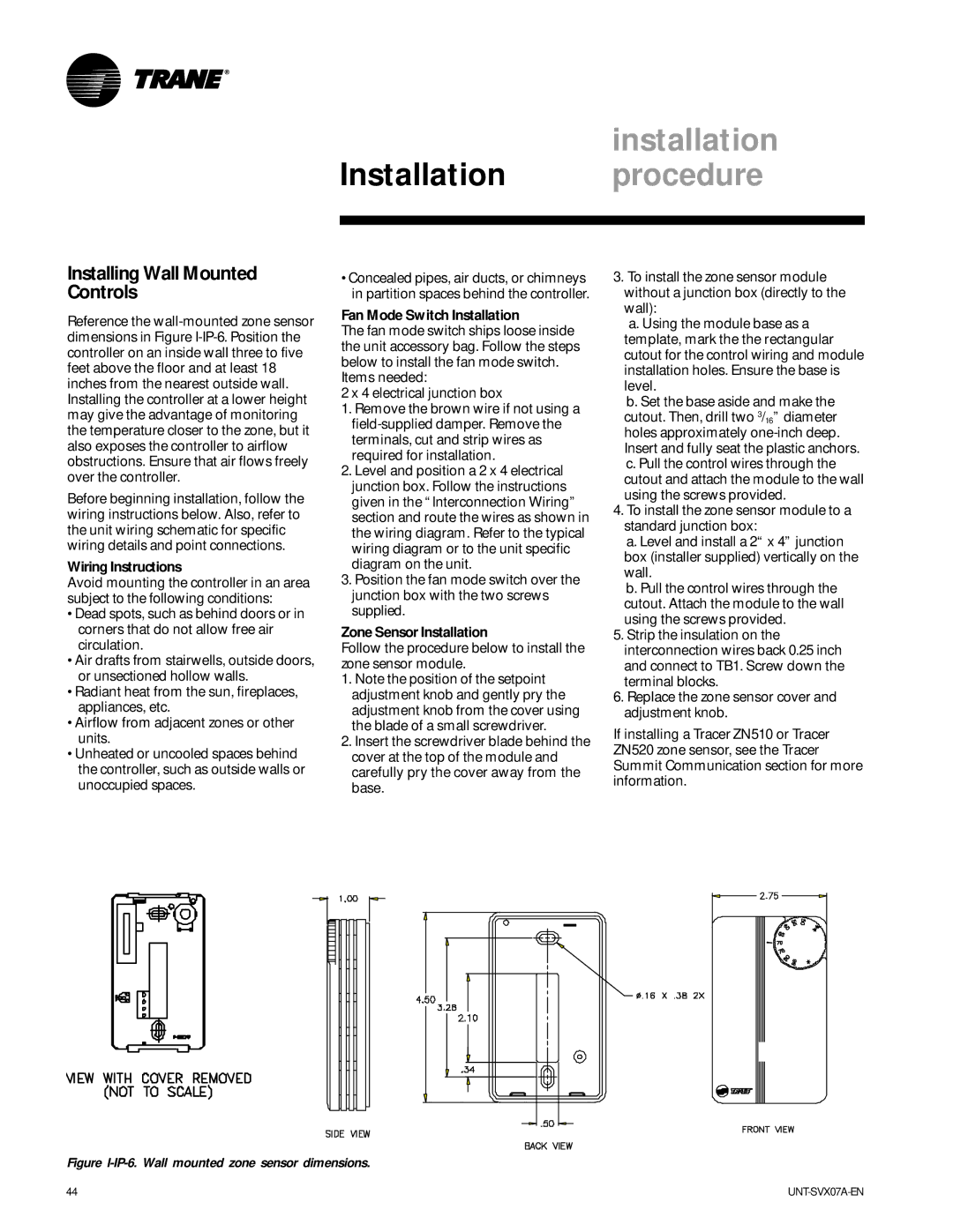 Trane UNT-SVX07A-EN manual Installing Wall Mounted Controls, Wiring Instructions, Fan Mode Switch Installation 