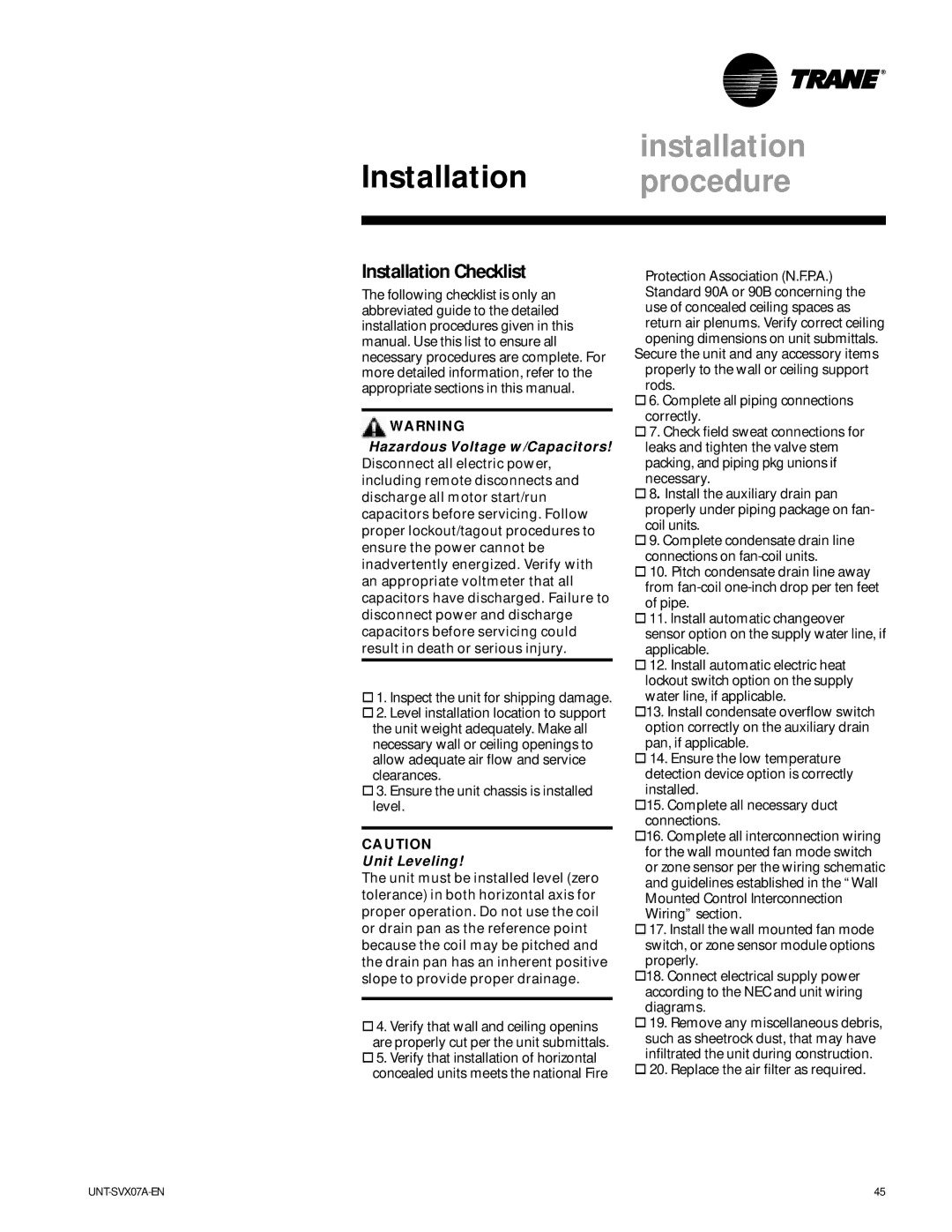 Trane UniTrane Fan-Coil & Force Flo Air Conditioners, UNT-SVX07A-EN manual Installation Checklist, Unit Leveling 