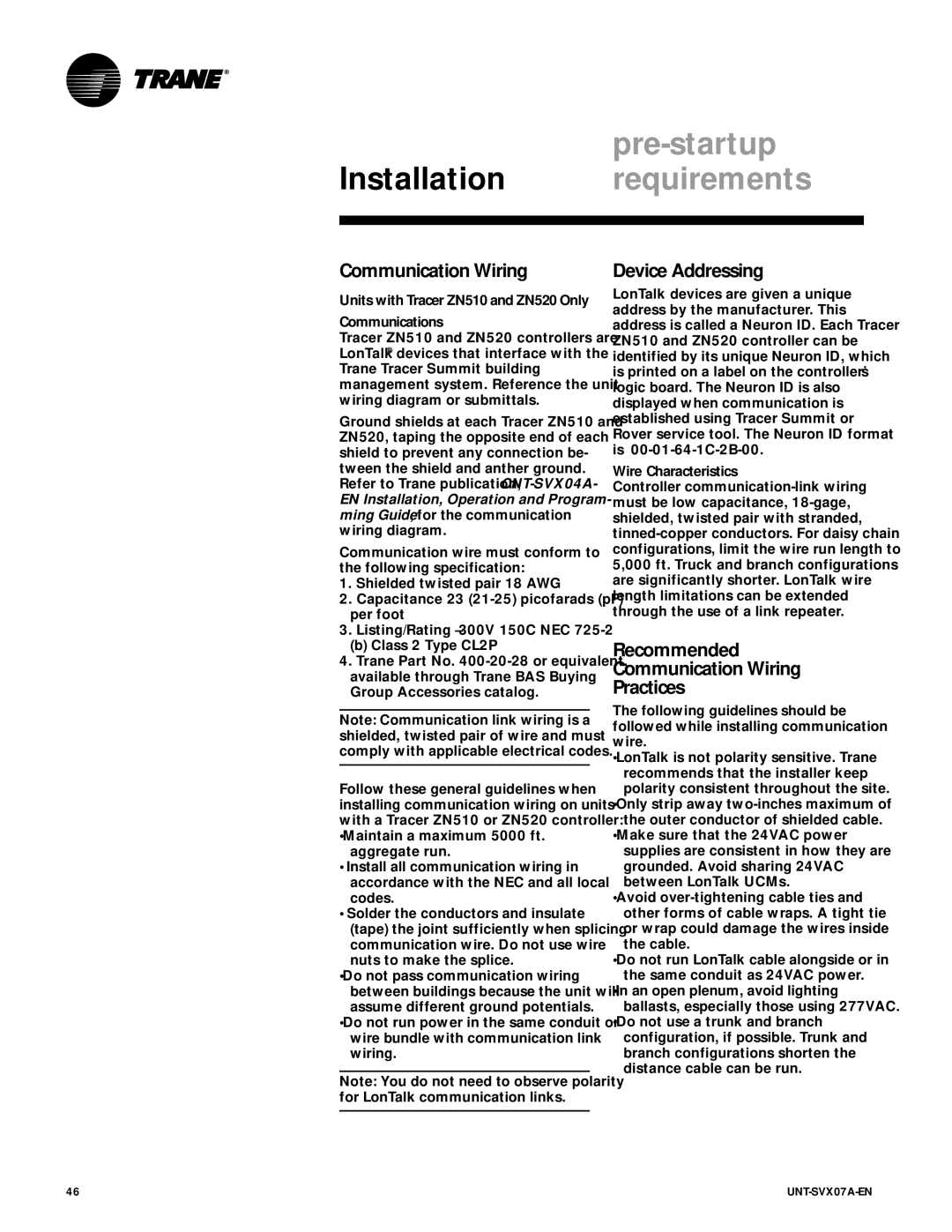 Trane UNT-SVX07A-EN manual Pre-startup, Device Addressing, Recommended Communication Wiring Practices 