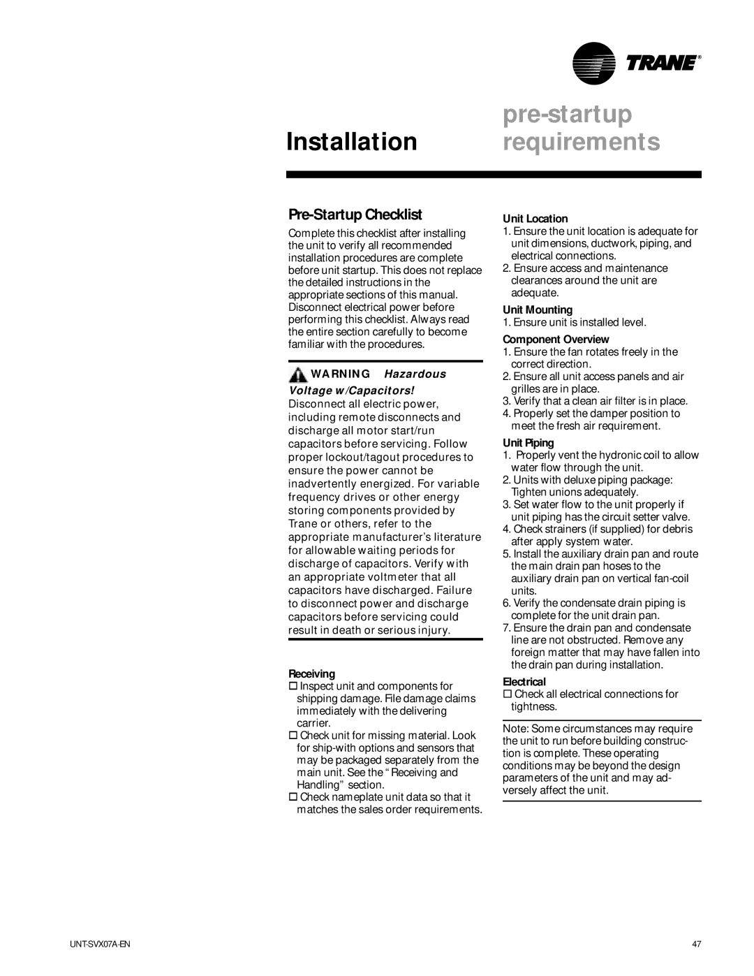 Trane UniTrane Fan-Coil & Force Flo Air Conditioners, UNT-SVX07A-EN manual Pre-Startup Checklist 