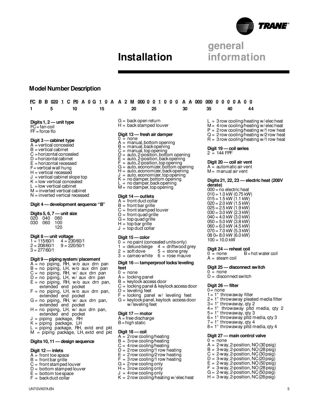 Trane UniTrane Fan-Coil & Force Flo Air Conditioners, UNT-SVX07A-EN manual General, Model Number Description 