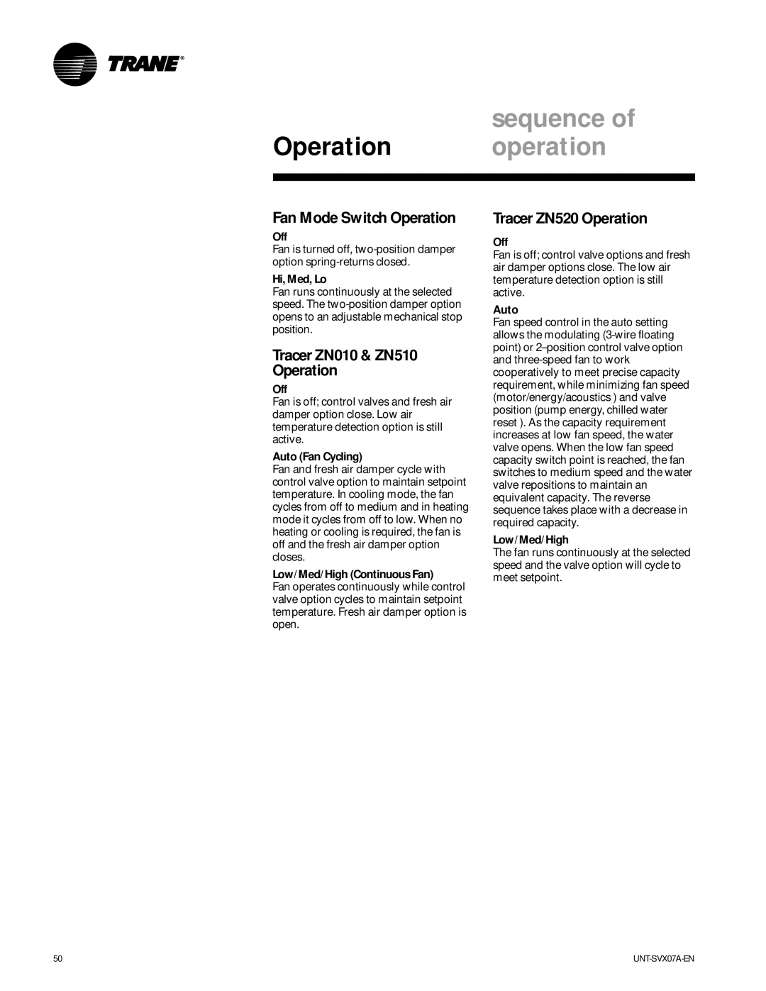 Trane UNT-SVX07A-EN manual Sequence, Fan Mode Switch Operation, Tracer ZN010 & ZN510 Operation, Tracer ZN520 Operation 