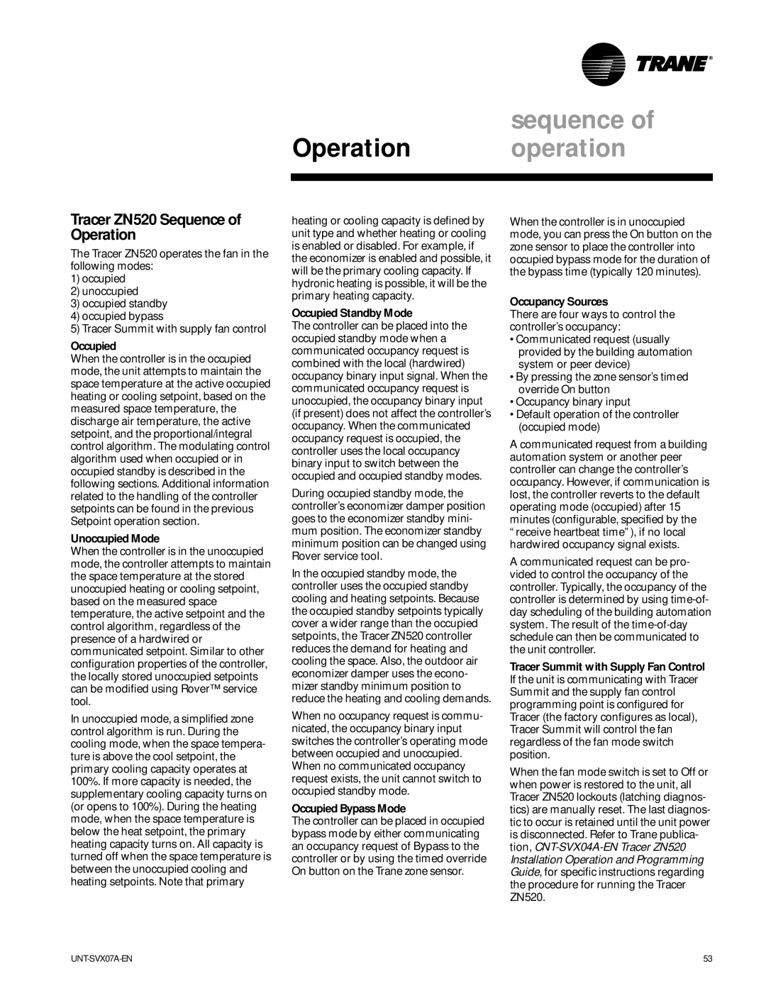 Trane UniTrane Fan-Coil & Force Flo Air Conditioners, UNT-SVX07A-EN manual Tracer ZN520 Sequence of Operation 