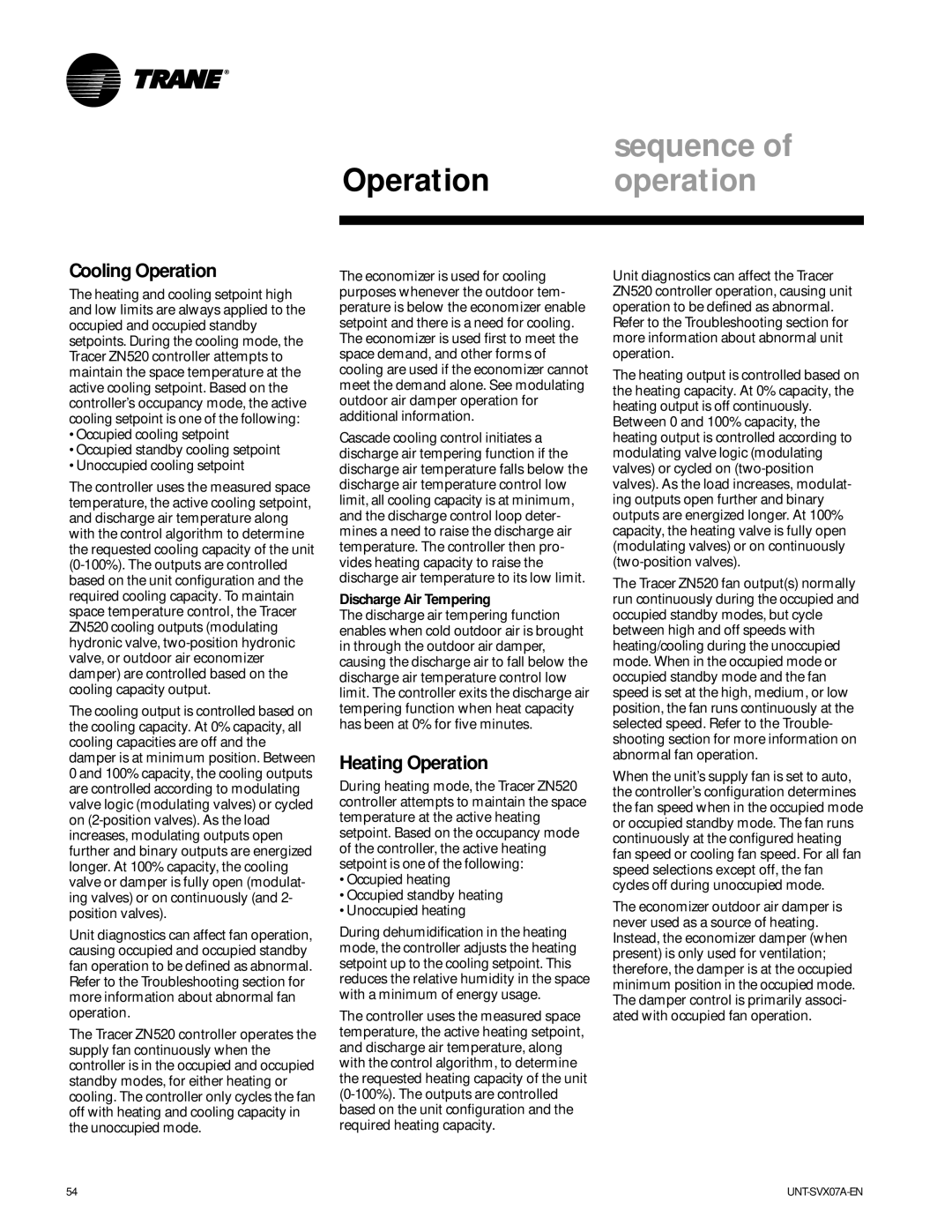 Trane UNT-SVX07A-EN manual Cooling Operation, Heating Operation, Discharge Air Tempering 