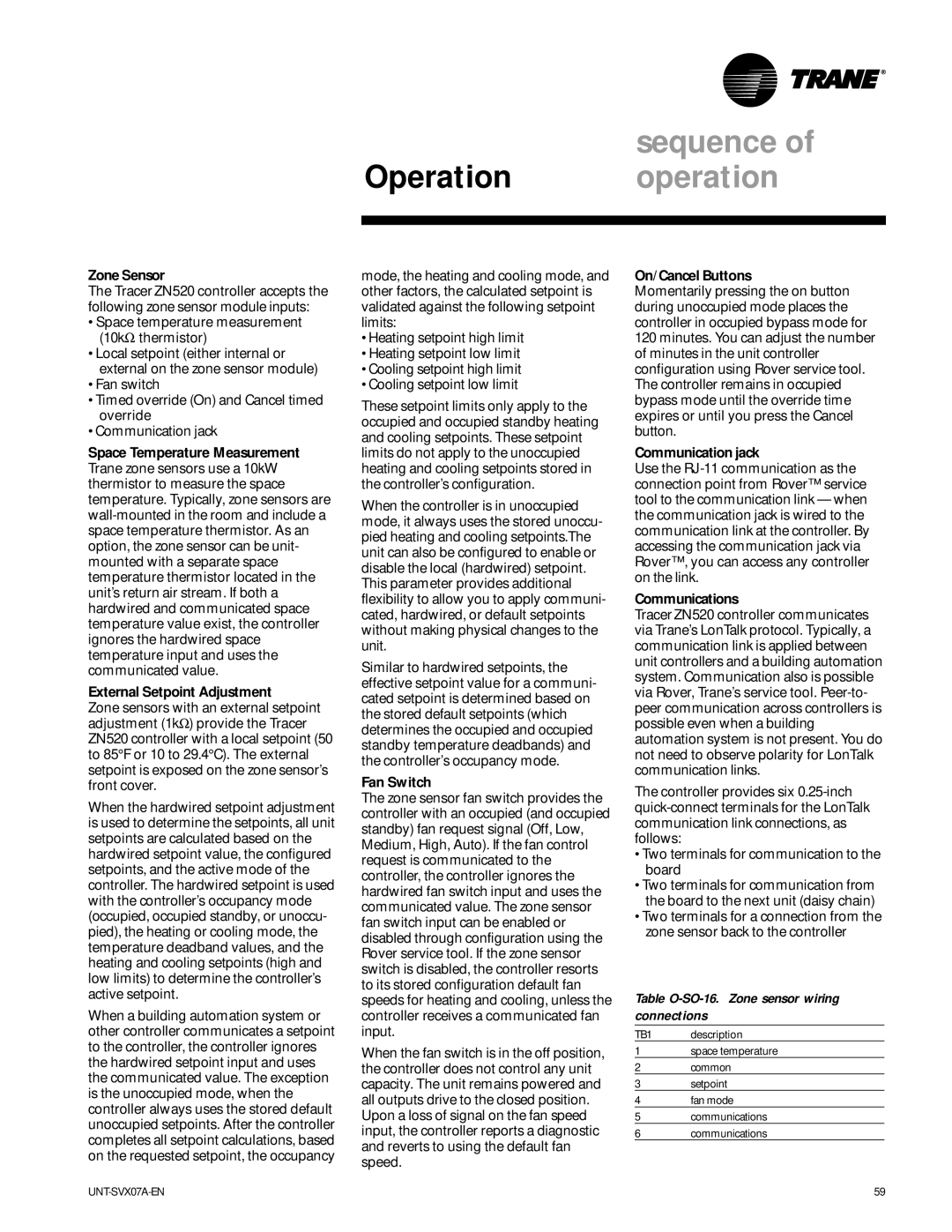 Trane UniTrane Fan-Coil & Force Flo Air Conditioners manual Zone Sensor, Fan Switch, On/Cancel Buttons, Communication jack 