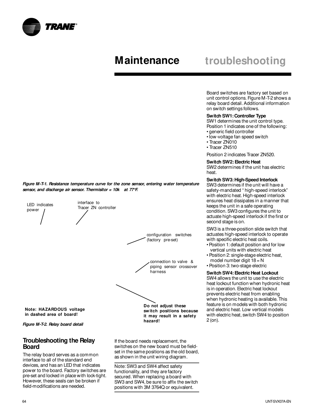 Trane UNT-SVX07A-EN manual Maintenance troubleshooting, Troubleshooting the Relay Board, Switch SW1 Controller Type 