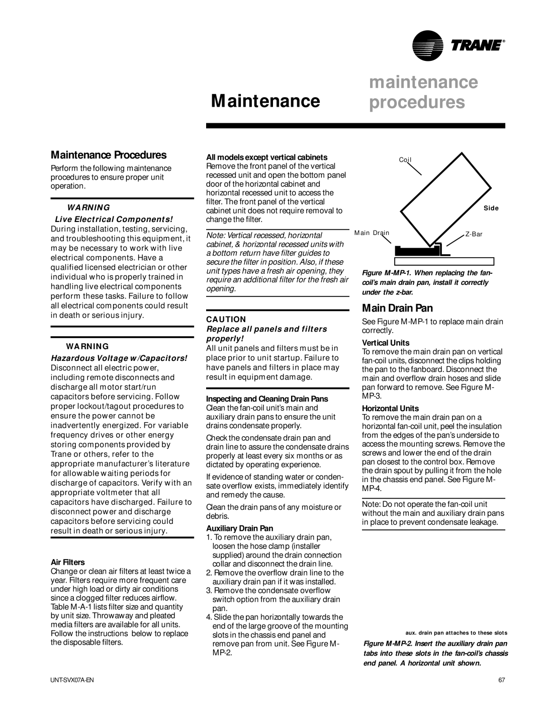 Trane UniTrane Fan-Coil & Force Flo Air Conditioners, UNT-SVX07A-EN manual Maintenance Procedures, Main Drain Pan 