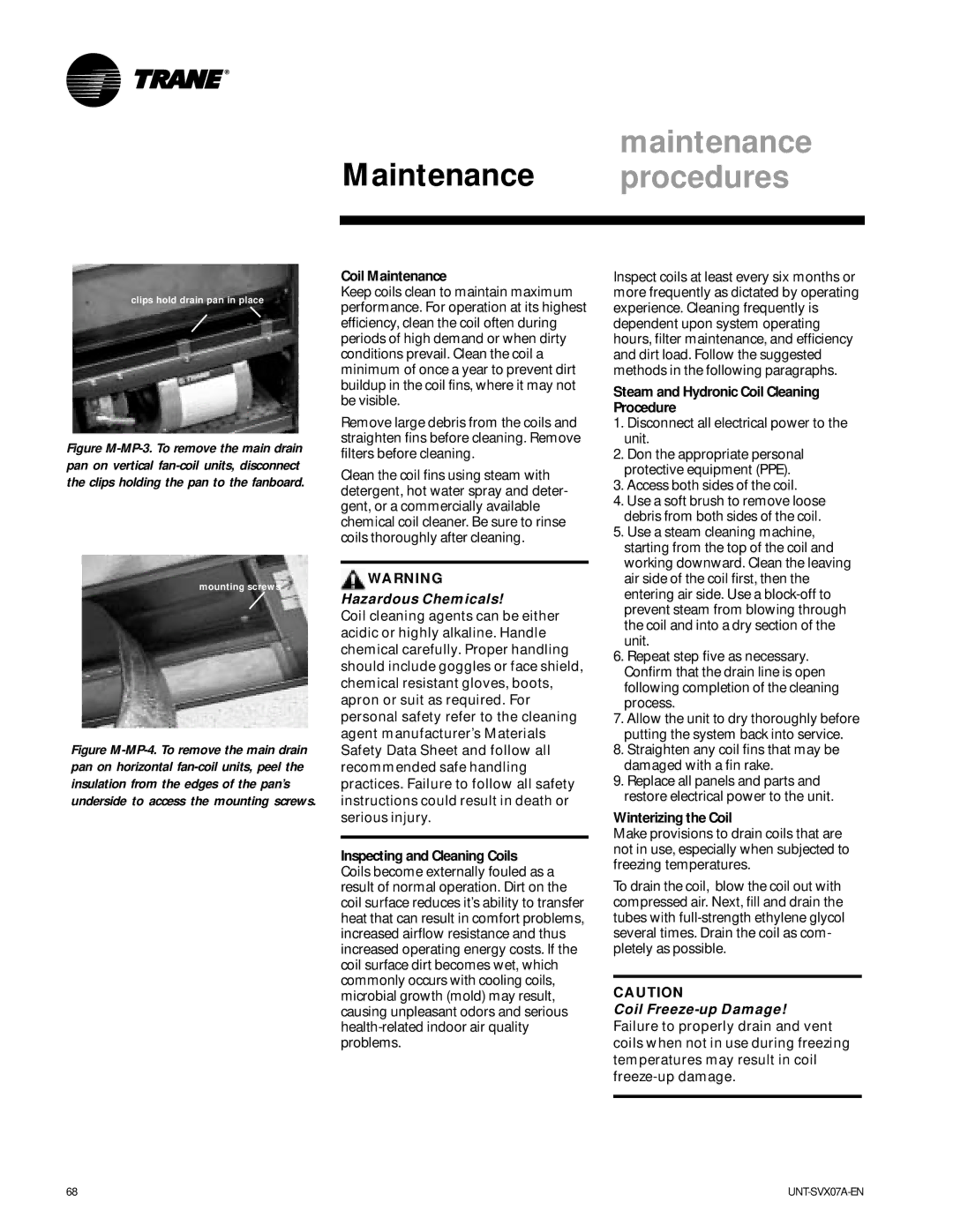 Trane UNT-SVX07A-EN manual Coil Maintenance, Steam and Hydronic Coil Cleaning Procedure, Winterizing the Coil 