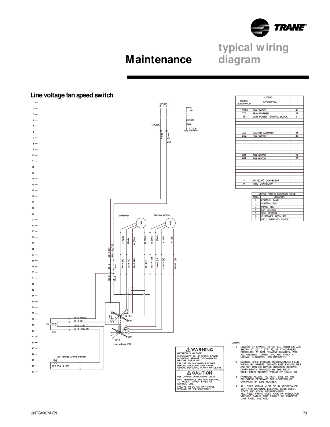 Trane UniTrane Fan-Coil & Force Flo Air Conditioners, UNT-SVX07A-EN manual Line voltage fan speed switch 