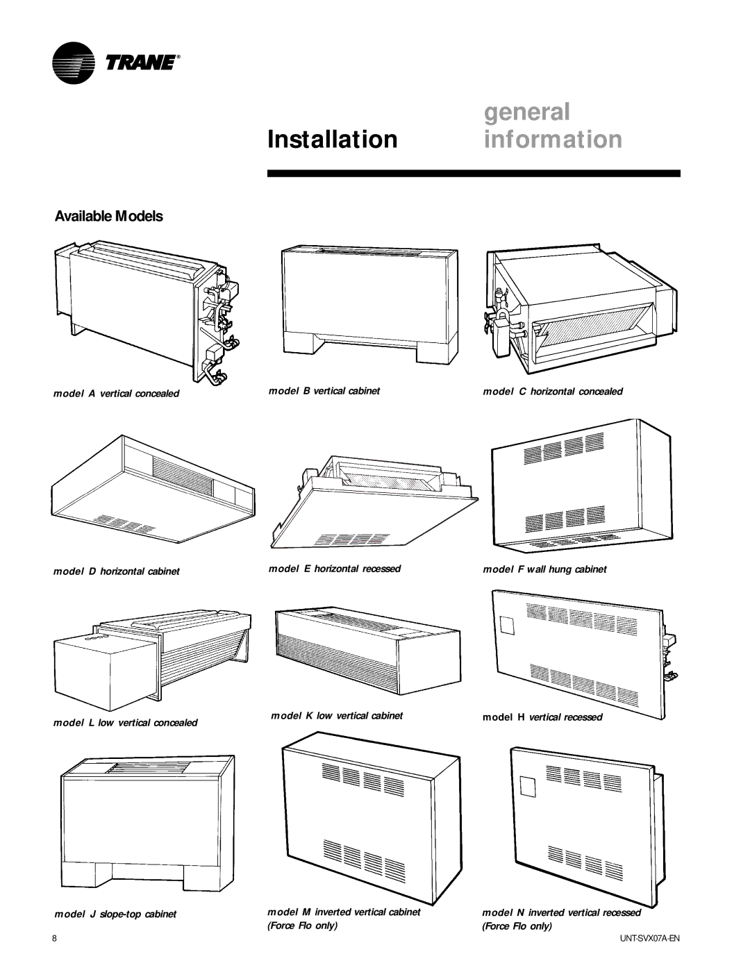 Trane UNT-SVX07A-EN manual Available Models, Model E horizontal recessed, Model K low vertical cabinet, Force Flo only 