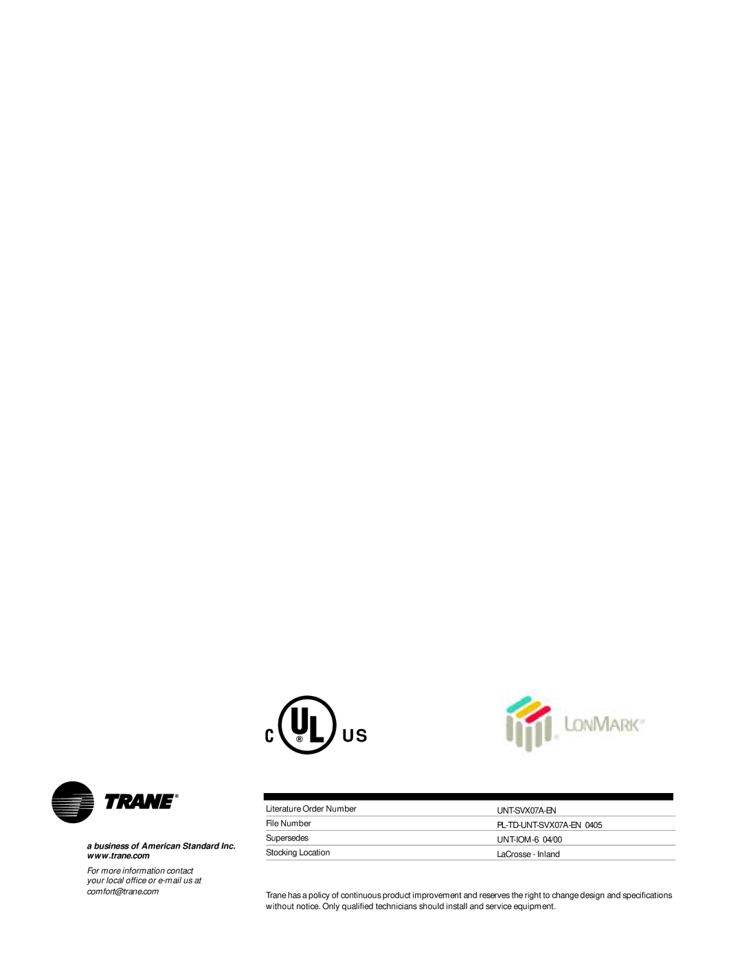 Trane UniTrane Fan-Coil & Force Flo Air Conditioners manual PL-TD-UNT-SVX07A-EN 