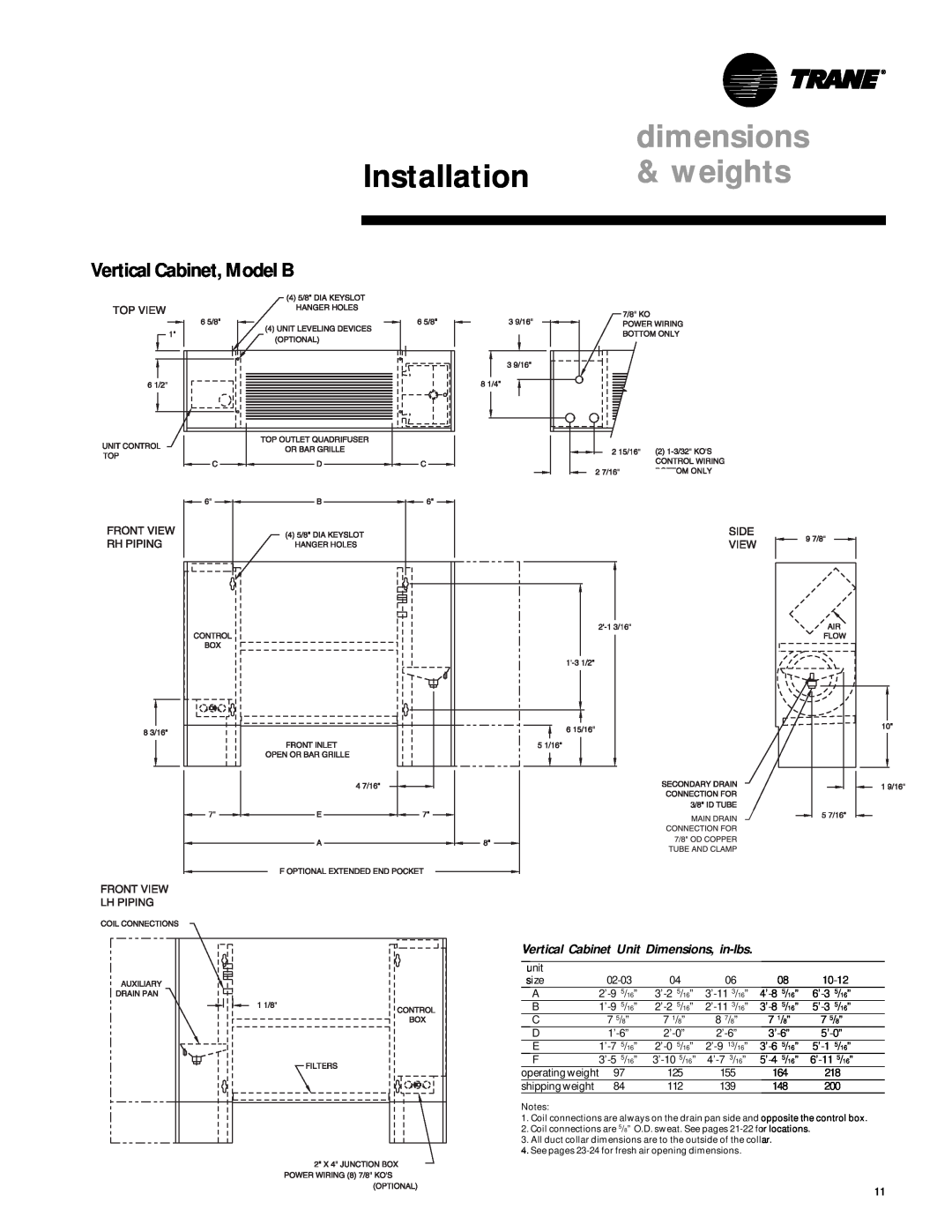 Trane UniTrane Fan-Coil & Force Flo Air Conditioners manual Vertical Cabinet, Model B, dimensions, Installation, weights 