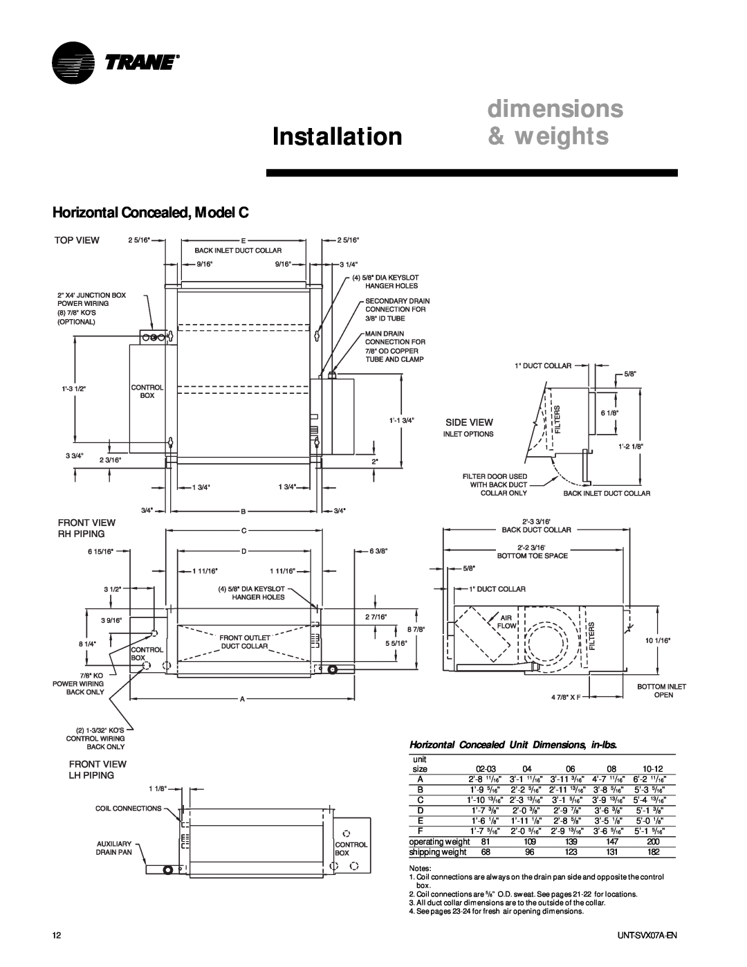 Trane UNT-SVX07A-EN manual Horizontal Concealed, Model C, dimensions, Installation, weights 