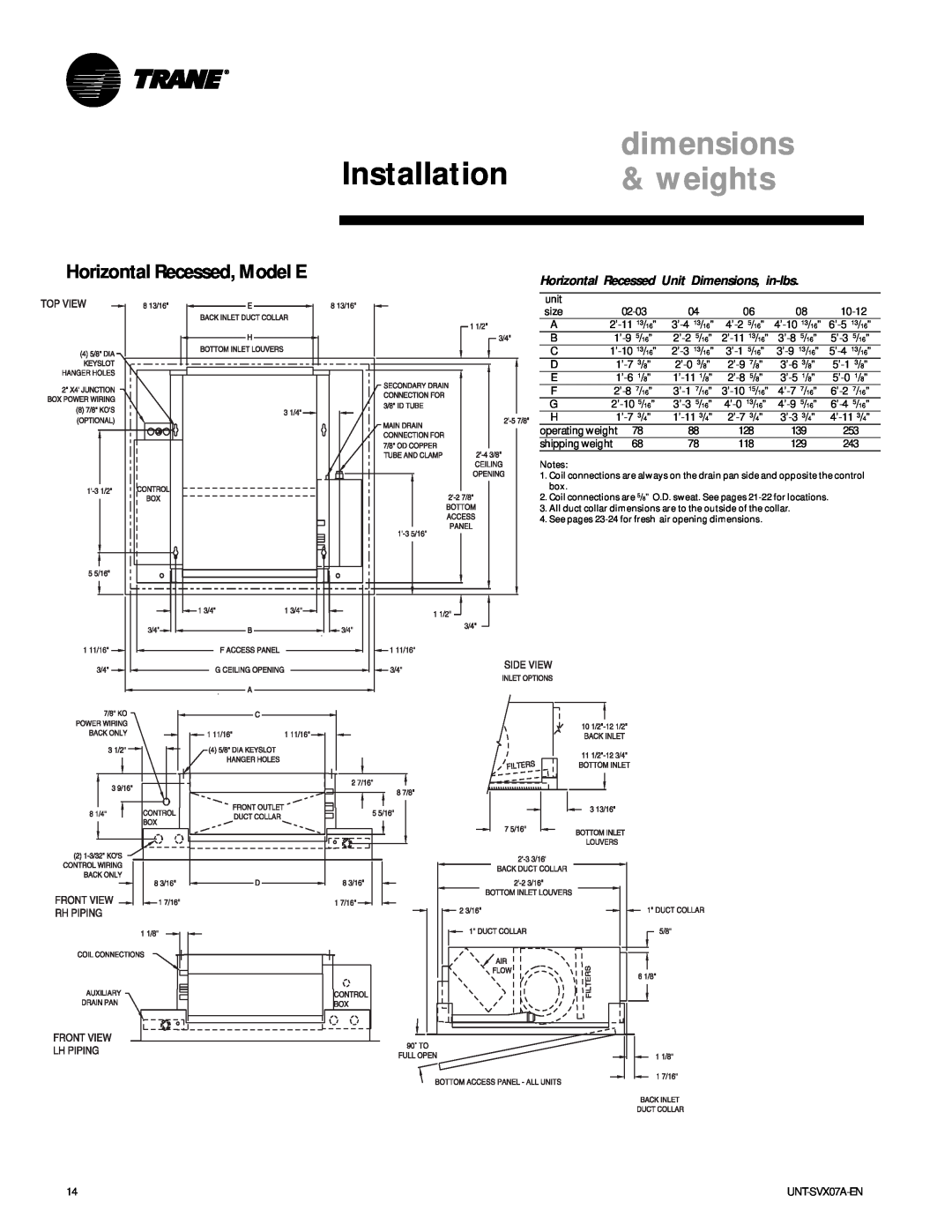 Trane UNT-SVX07A-EN manual Horizontal Recessed, Model E, Installation, dimensions, weights 