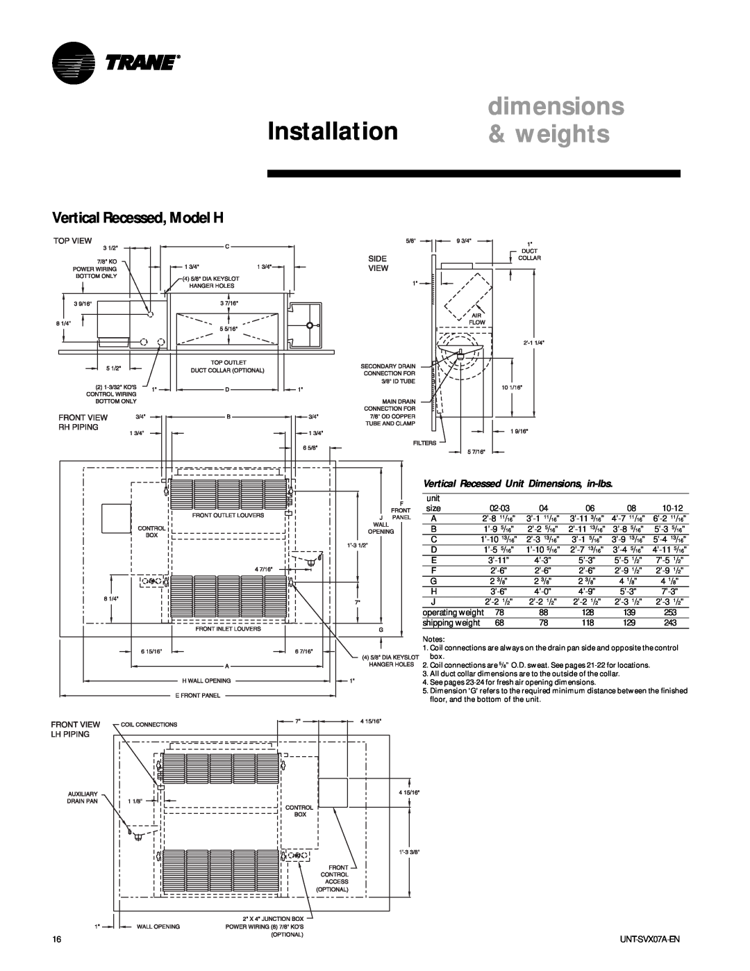 Trane UNT-SVX07A-EN manual Vertical Recessed, Model H, Installation, dimensions, weights 