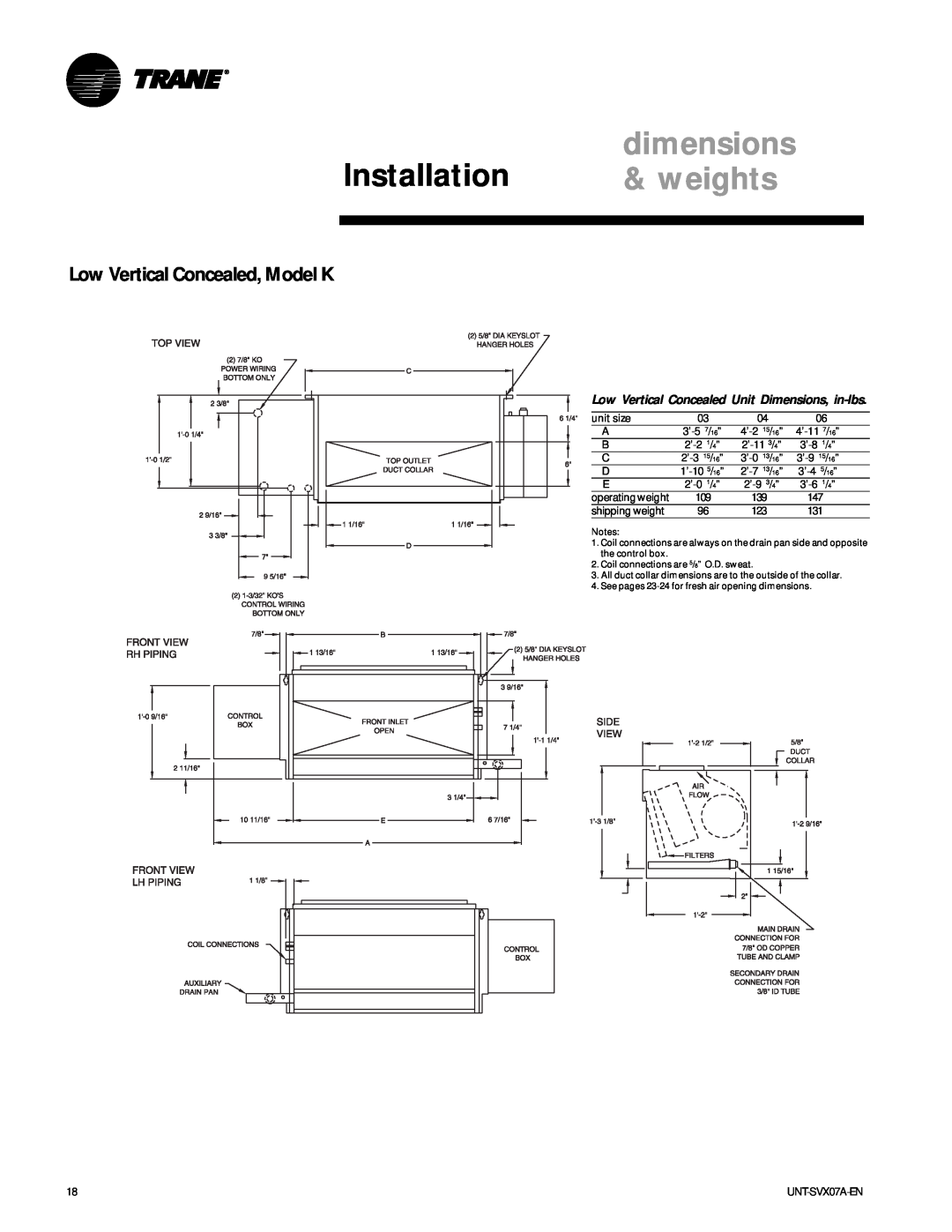 Trane UNT-SVX07A-EN manual Low Vertical Concealed, Model K, Installation, dimensions, weights 
