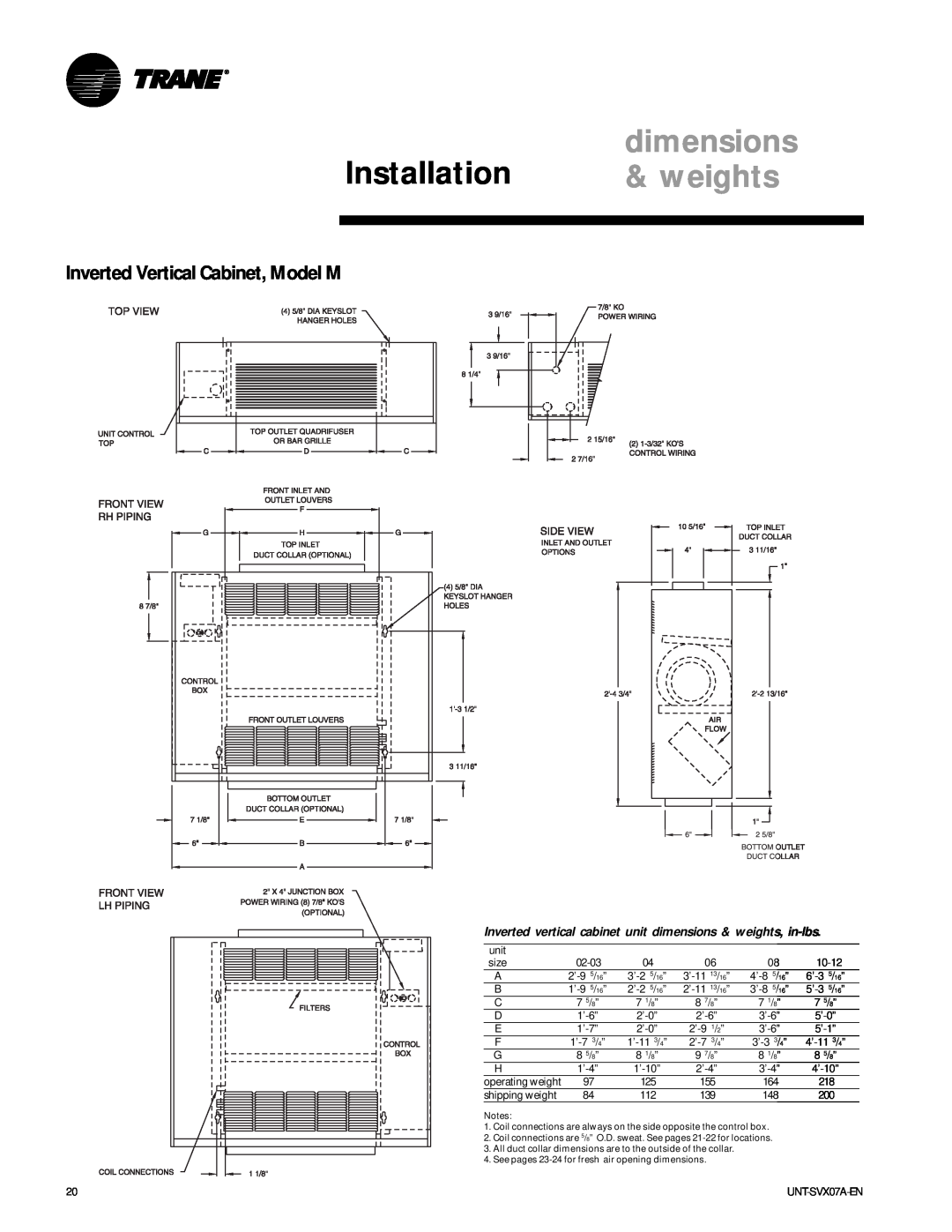 Trane UNT-SVX07A-EN manual Inverted Vertical Cabinet, Model M, Installation, dimensions, weights 