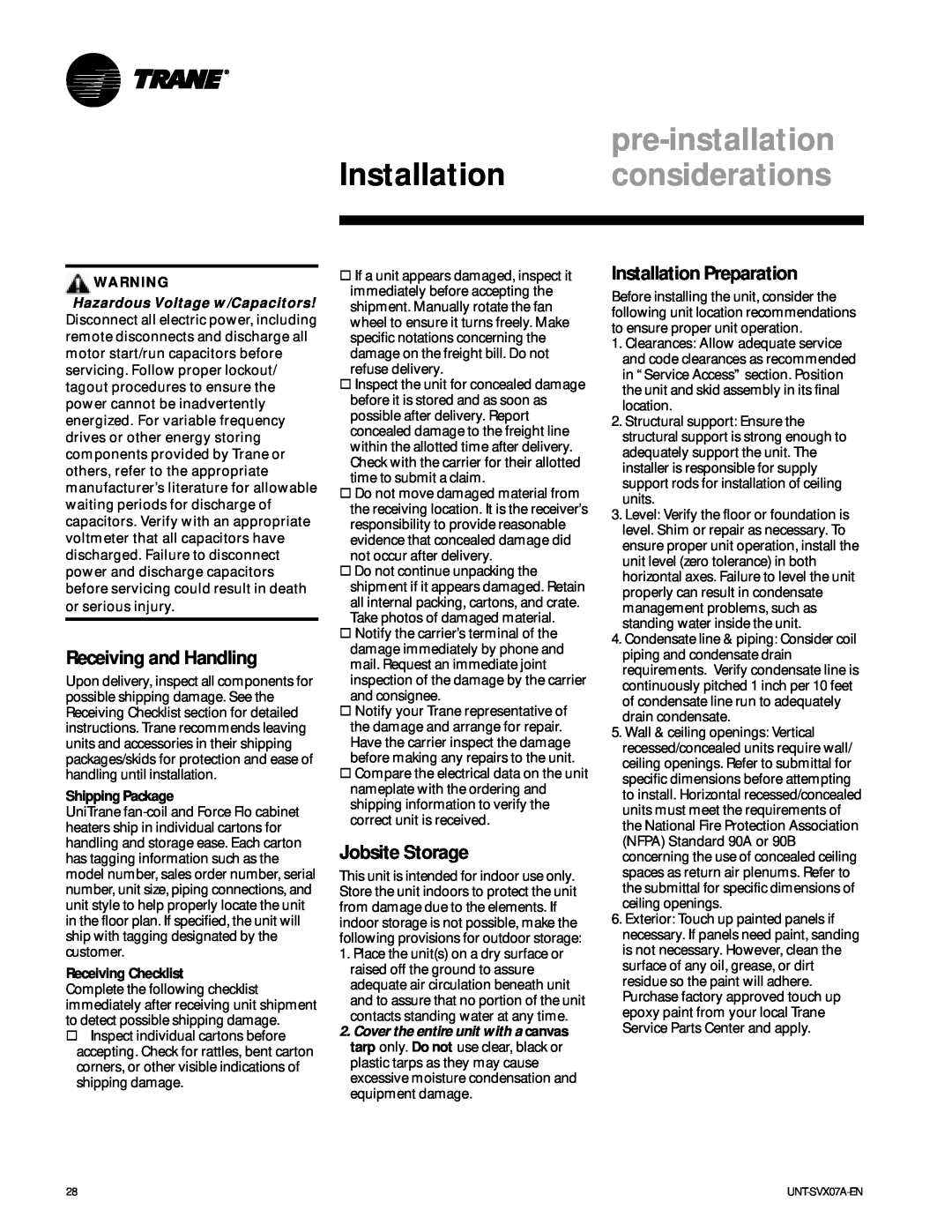 Trane UNT-SVX07A-EN manual pre-installation Installation considerations, Receiving and Handling, Jobsite Storage 
