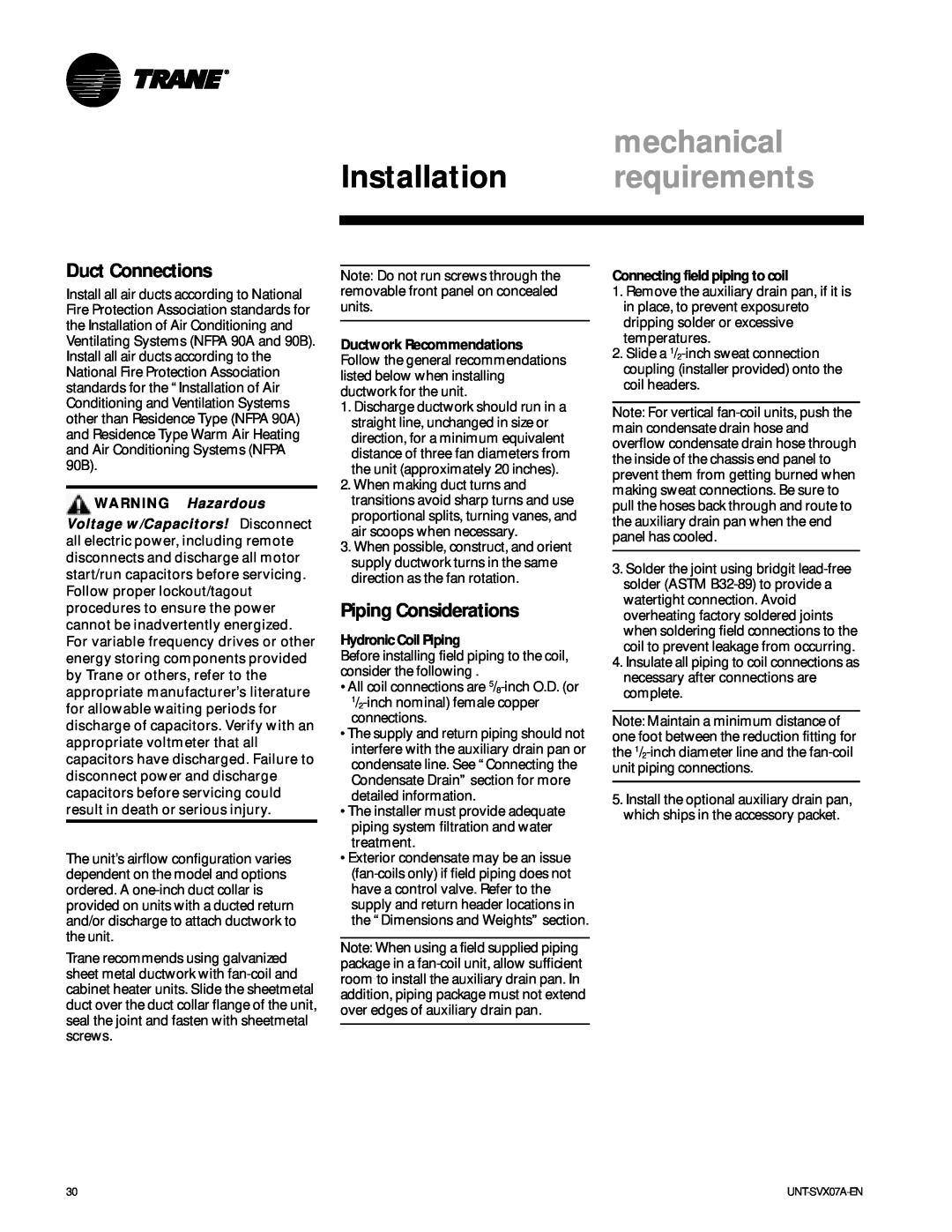 Trane UNT-SVX07A-EN mechanical, Installation requirements, Duct Connections, Piping Considerations, WARNING Hazardous 