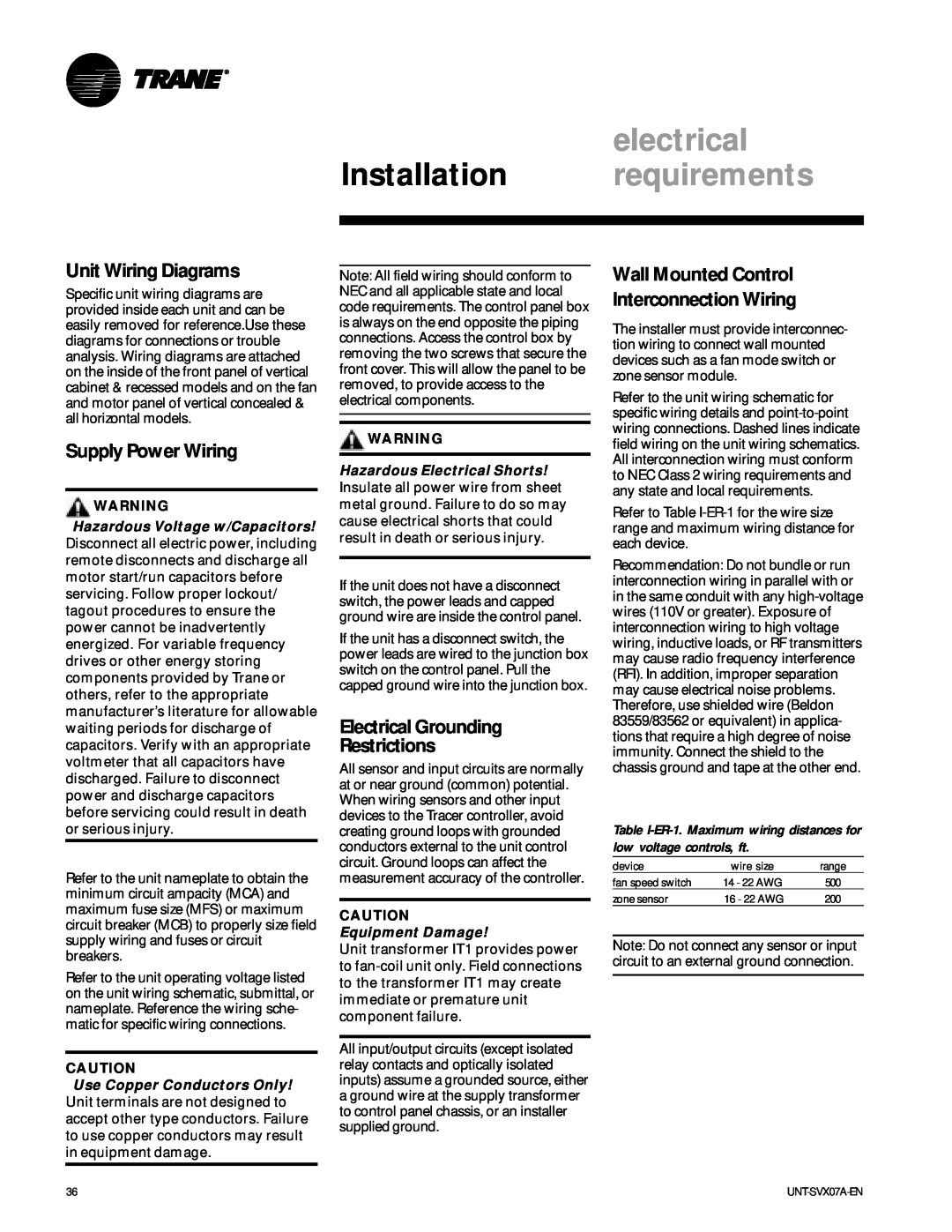 Trane UNT-SVX07A-EN manual electrical, Unit Wiring Diagrams, Supply Power Wiring, Electrical Grounding Restrictions 