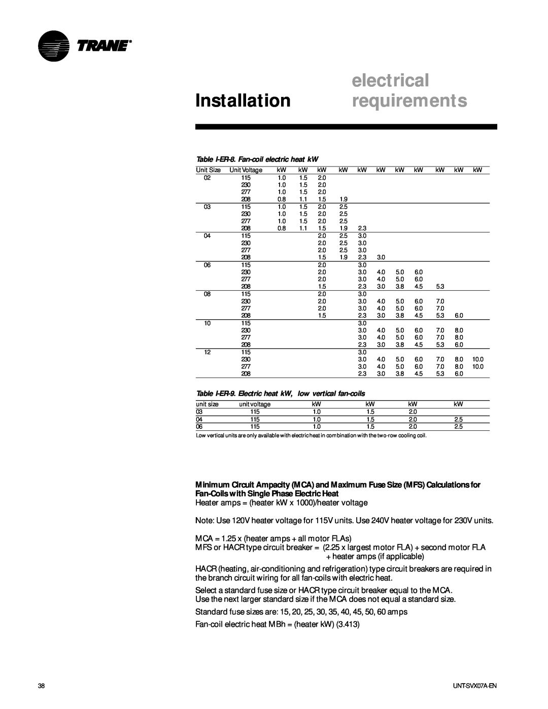 Trane UNT-SVX07A-EN manual electrical, Installation requirements, Heater amps = heater kW x 1000/heater voltage 