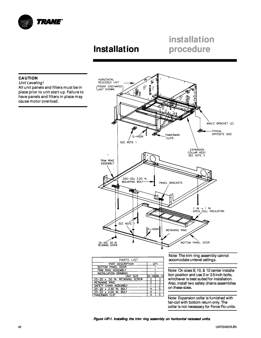Trane UNT-SVX07A-EN, UniTrane Fan-Coil & Force Flo Air Conditioners installation, Installation procedure, Unit Leveling 