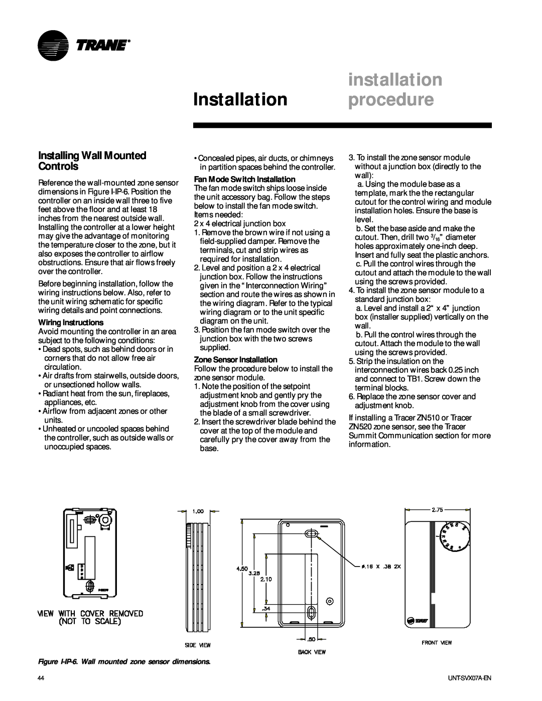 Trane UNT-SVX07A-EN manual Installing Wall Mounted Controls, installation, Installation procedure, Wiring Instructions 