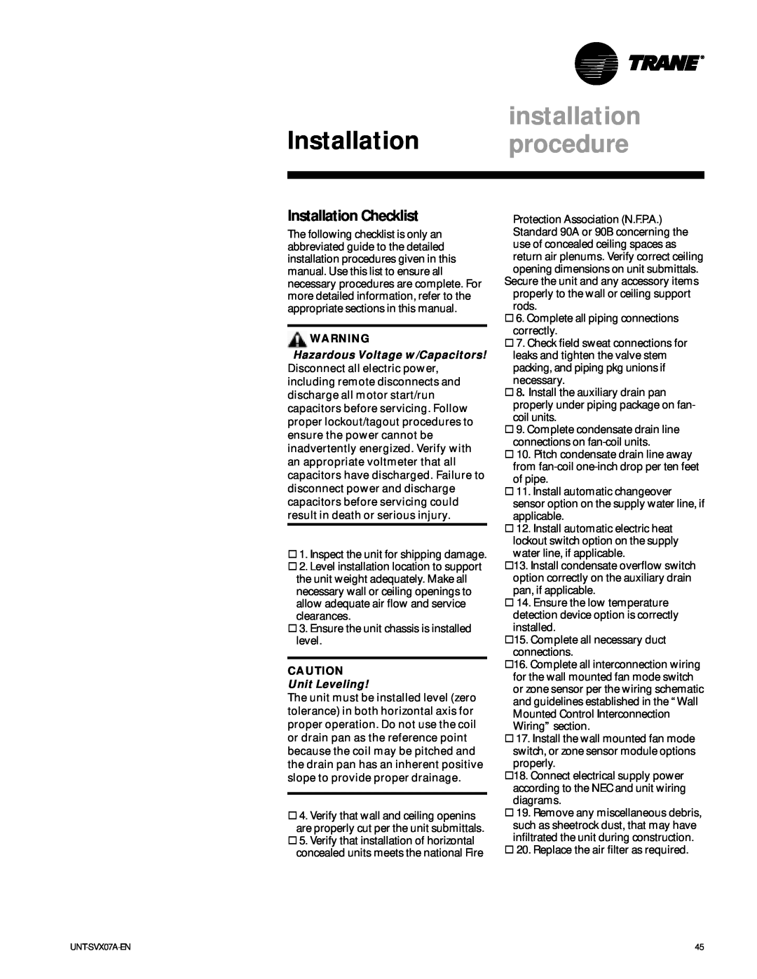 Trane UniTrane Fan-Coil & Force Flo Air Conditioners manual Installation Checklist, installation, Installation procedure 