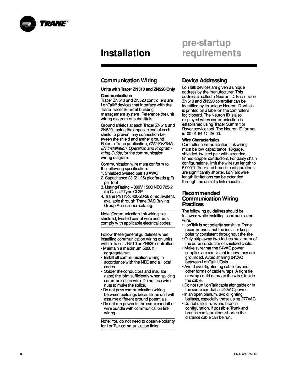 Trane UNT-SVX07A-EN pre-startup, Device Addressing, Recommended Communication Wiring Practices, Wire Characteristics 