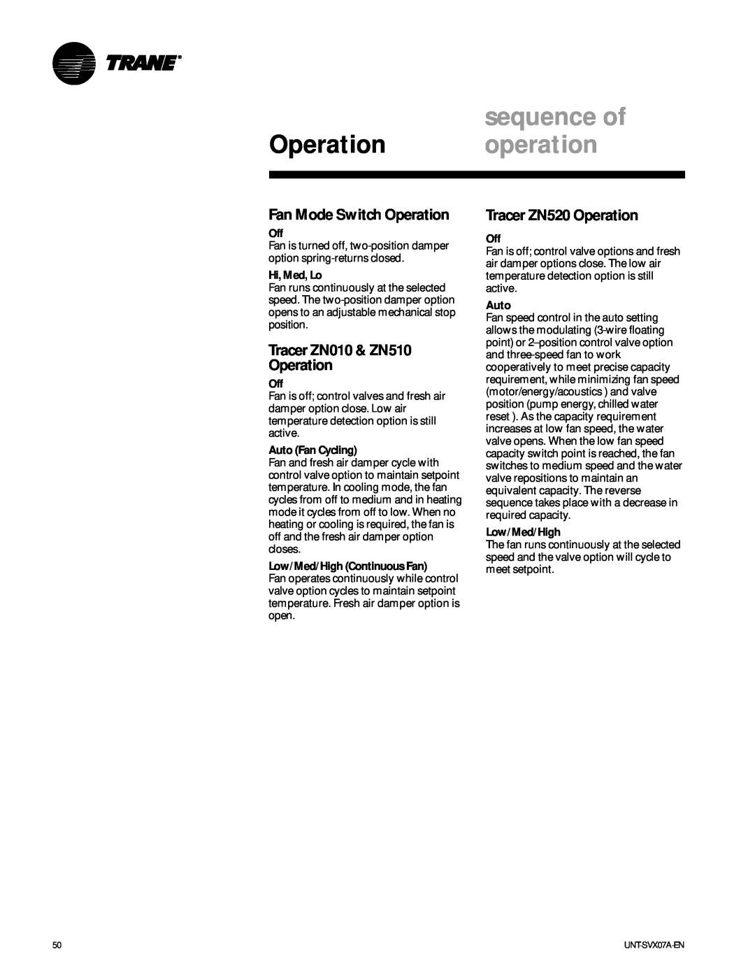 Trane UNT-SVX07A-EN sequence of, Operation operation, Fan Mode Switch Operation, Tracer ZN010 & ZN510 Operation, Auto 