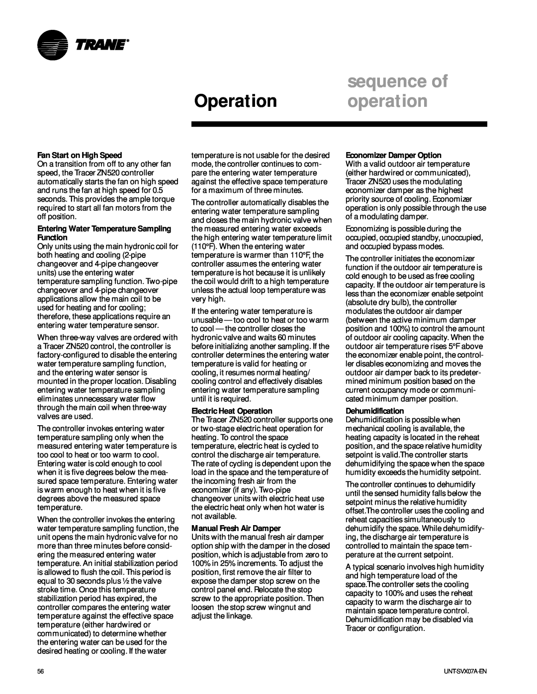 Trane UNT-SVX07A-EN manual sequence of, Operation operation, Fan Start on High Speed, Electric Heat Operation 