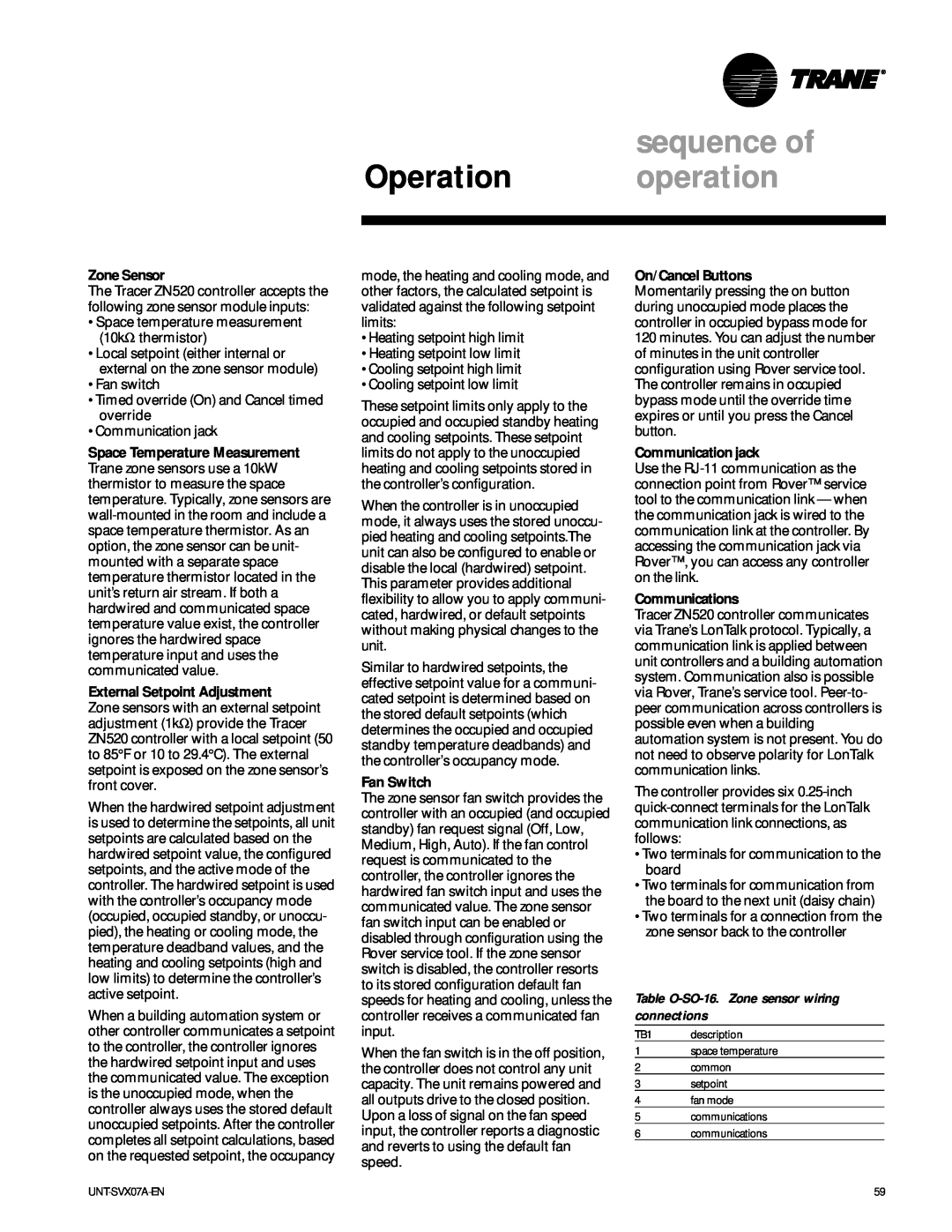 Trane UniTrane Fan-Coil & Force Flo Air Conditioners manual sequence of, Operation operation, Zone Sensor, Fan Switch 