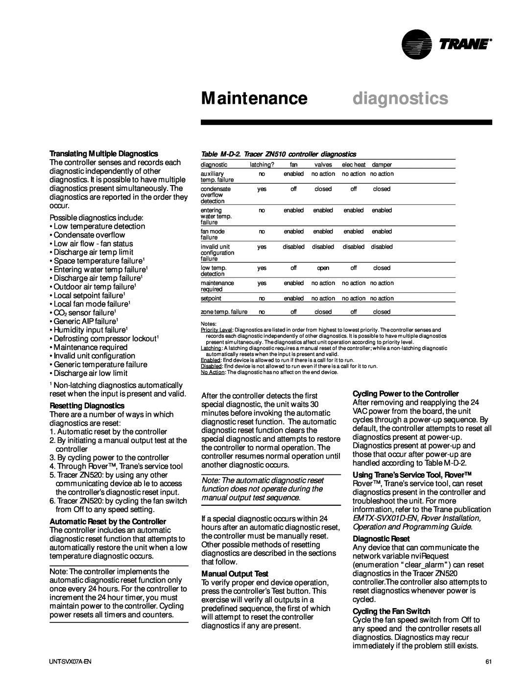 Trane UniTrane Fan-Coil & Force Flo Air Conditioners manual Maintenance diagnostics, Translating Multiple Diagnostics 