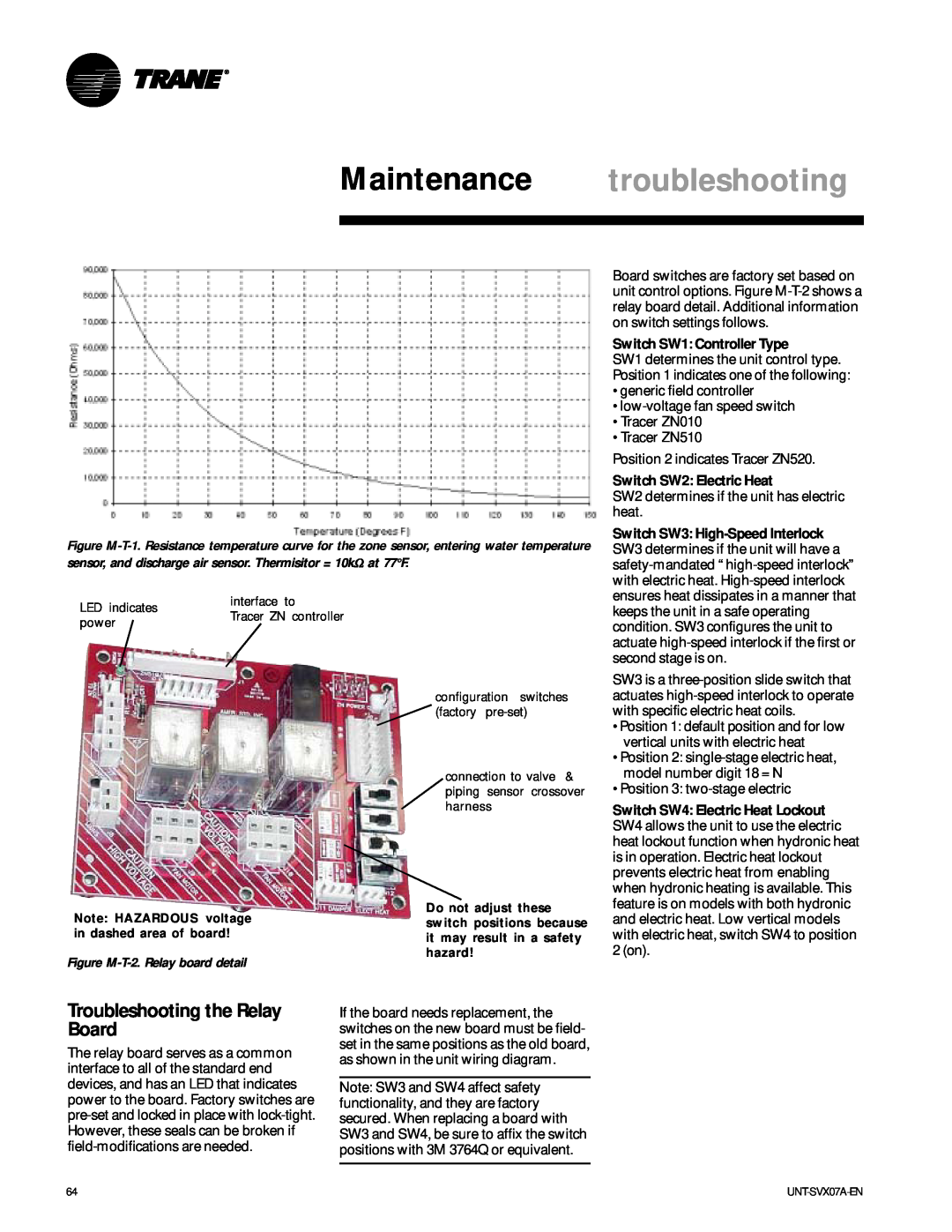 Trane UNT-SVX07A-EN manual Maintenance troubleshooting, Troubleshooting the Relay Board, Switch SW1 Controller Type 