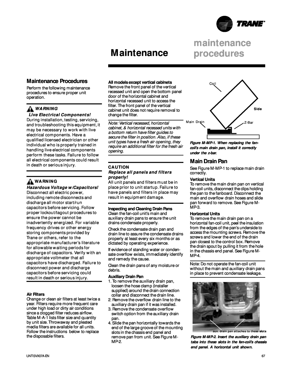 Trane UniTrane Fan-Coil & Force Flo Air Conditioners manual maintenance, Maintenance procedures, Maintenance Procedures 