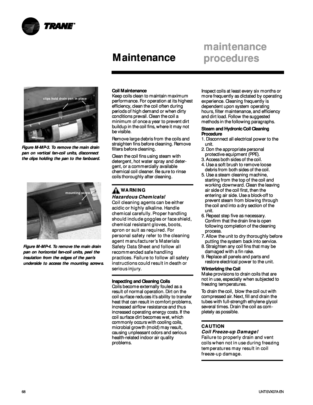 Trane UNT-SVX07A-EN maintenance, Maintenance procedures, Coil Maintenance, Steam and Hydronic Coil Cleaning Procedure 