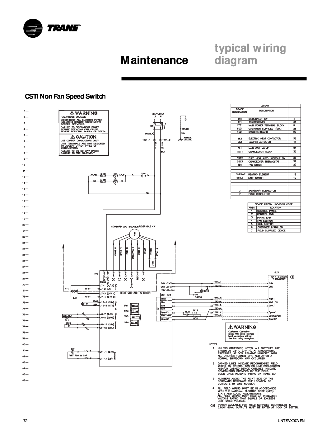 Trane UNT-SVX07A-EN manual CSTI Non Fan Speed Switch, typical wiring, Maintenance diagram 