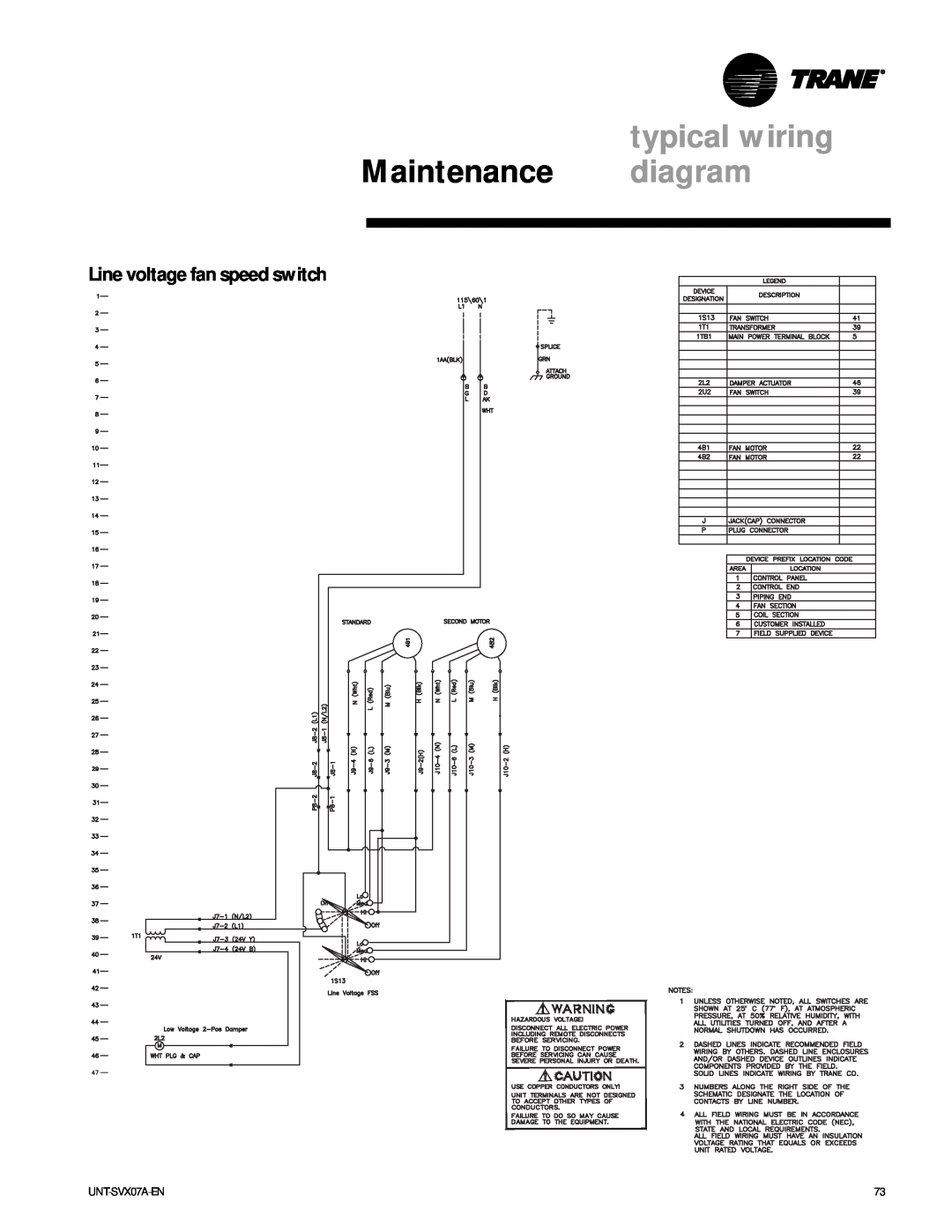 Trane UniTrane Fan-Coil & Force Flo Air Conditioners Line voltage fan speed switch, typical wiring, Maintenance diagram 