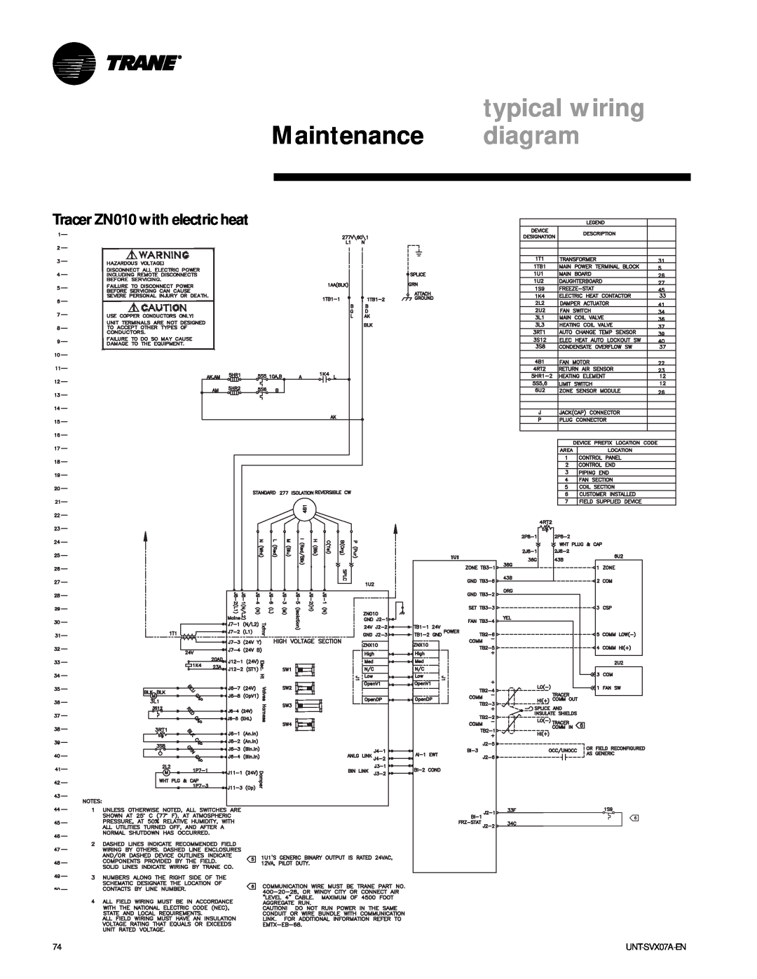 Trane UNT-SVX07A-EN manual Tracer ZN010 with electric heat, typical wiring, Maintenance diagram 