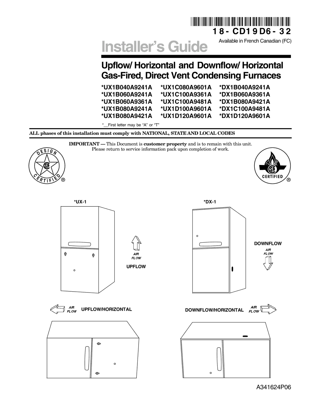 Trane UX1C080A9601A, UX1C100A9481A, UX1C100A9361A manual Downflow Upflow UPFLOW/HORIZONTAL DOWNFLOW/HORIZONTAL 