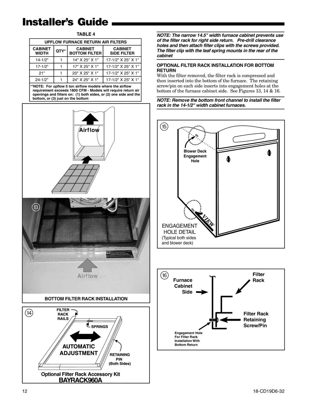 Trane UX1D120A9601A, UX1C100A9481A Bottom Filter Rack Installation, Optional Filter Rack Installation for Bottom Return 