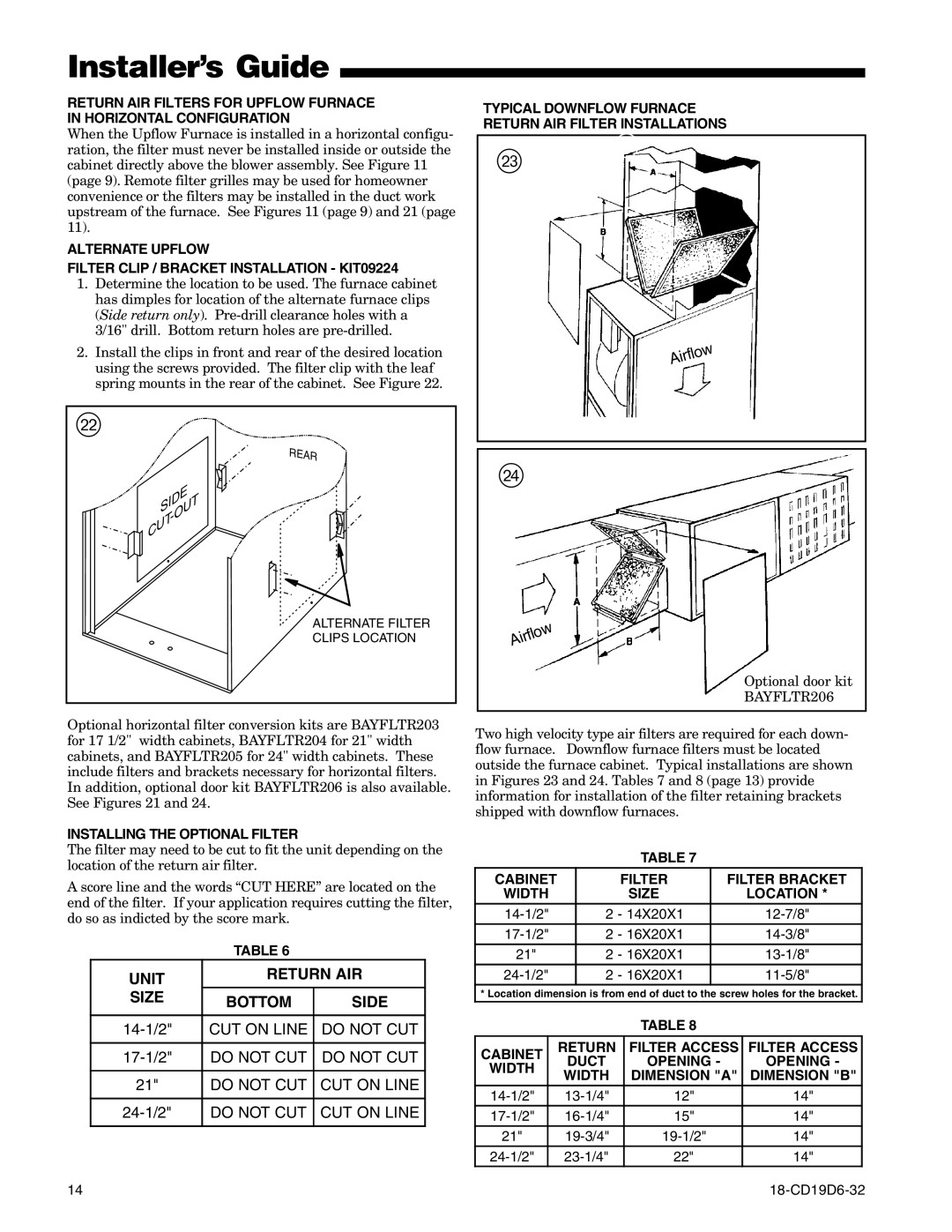 Trane UX1D100A9601A, UX1C100A9481A, UX1C080A9601A manual Unit Return AIR Size Bottom Side, Installing the Optional Filter 